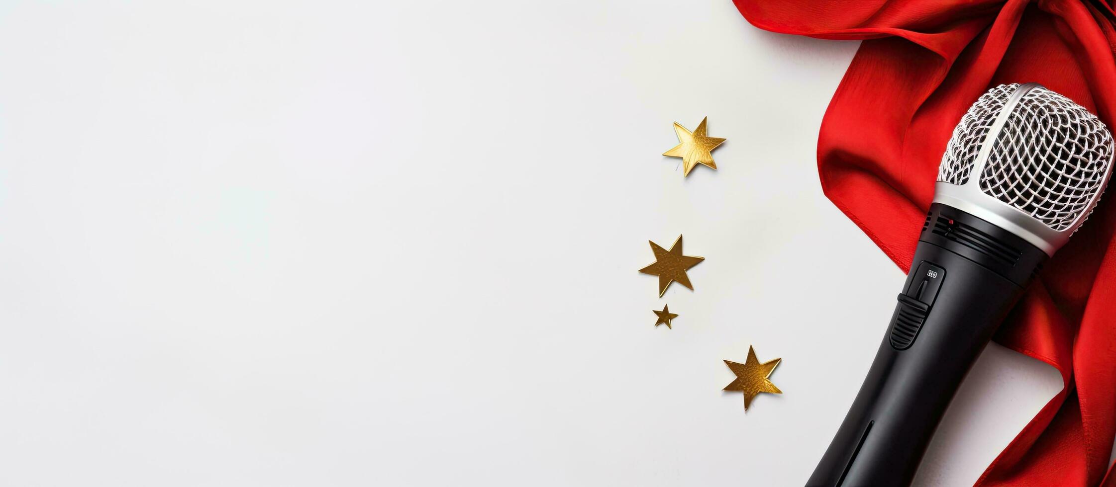 Photo of a microphone on a vibrant red cloth adorned with shimmering gold stars with copy space