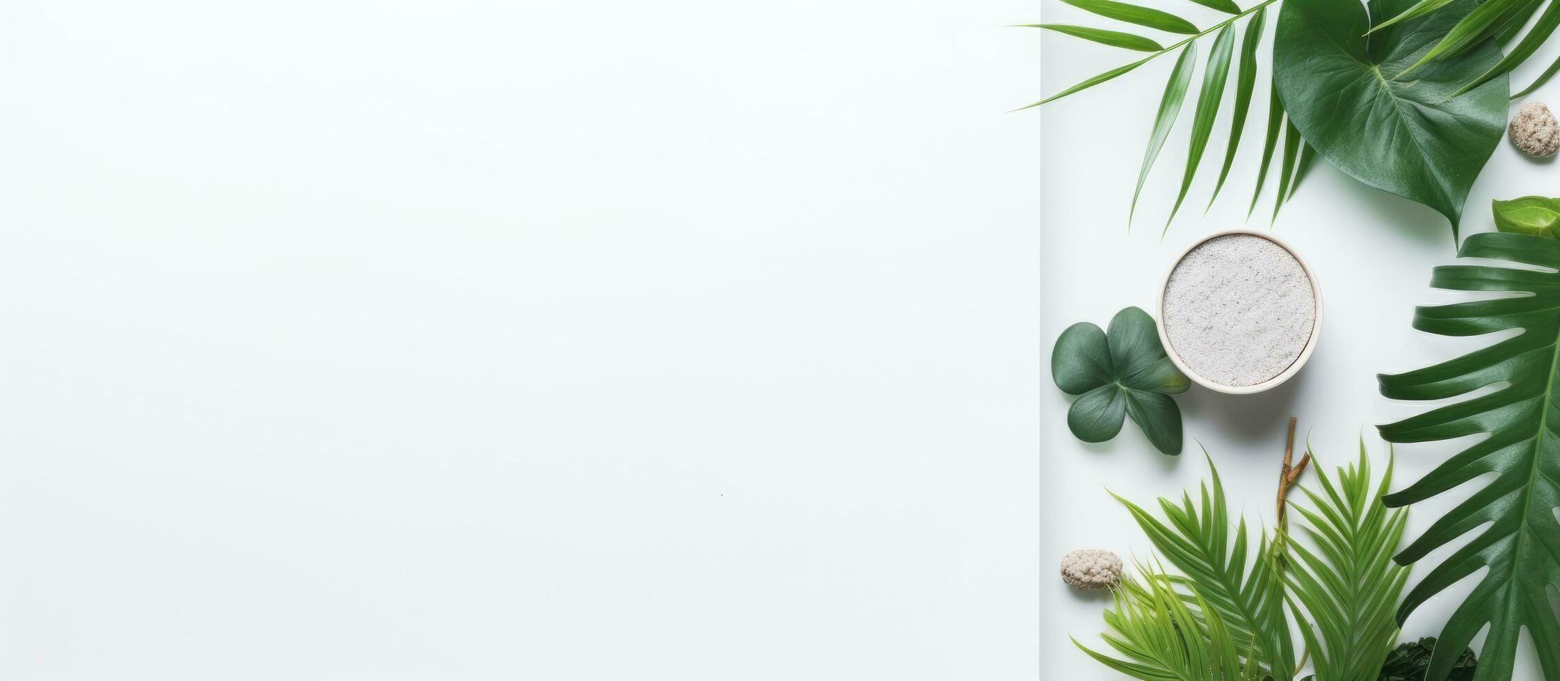 Photo of a white table filled with lush green plants with copy space