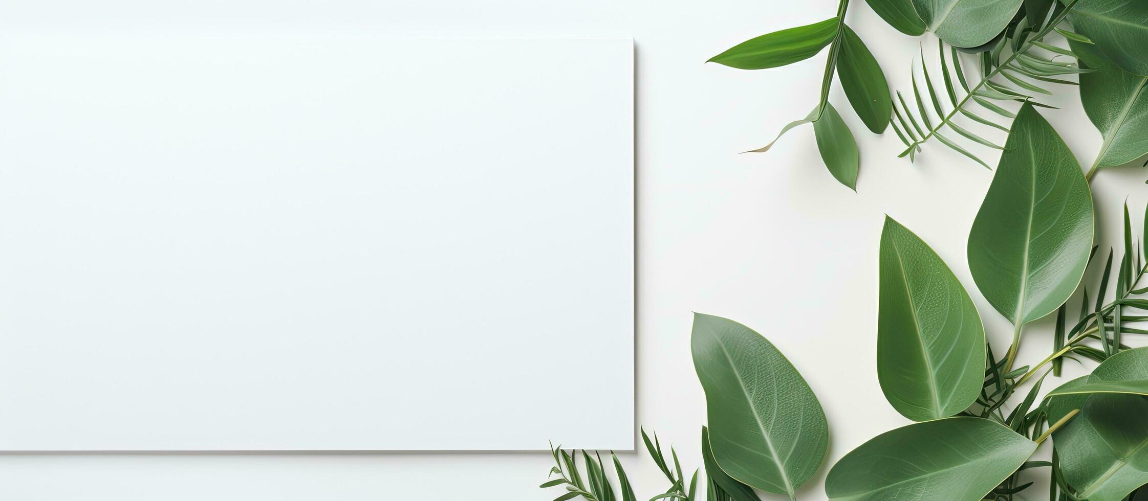 Photo of a white frame surrounded by green leaves, perfect for adding your own text or design with copy space