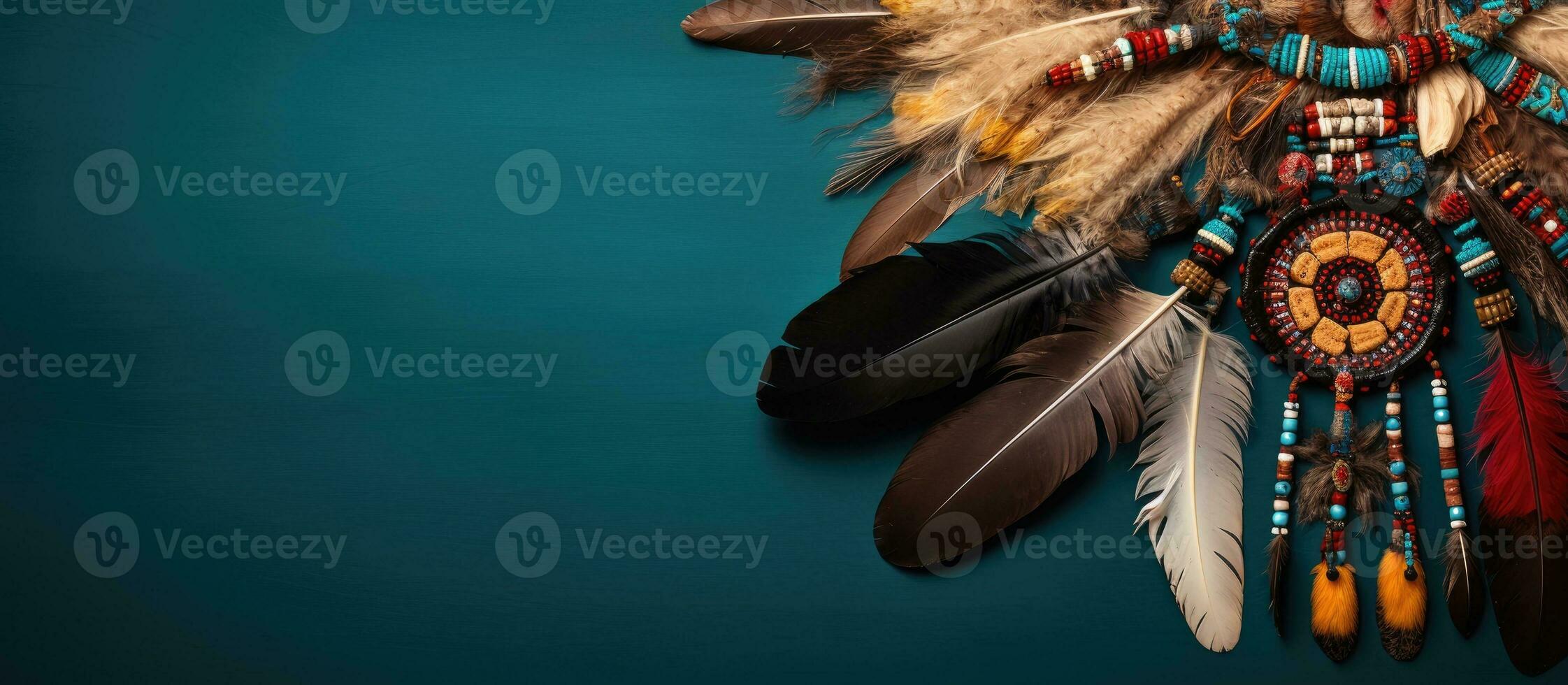Photo of an Indian headdress with feathers on a blue background with copy space