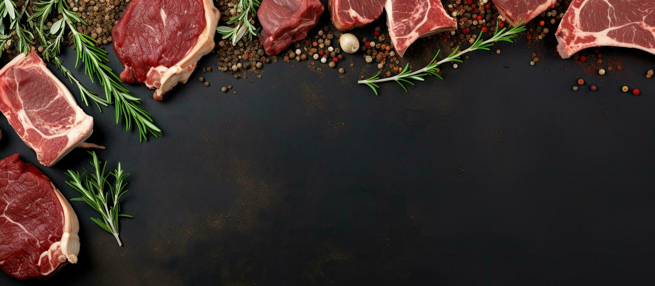 Photo of raw meat with herbs and spices on a black background with copy space