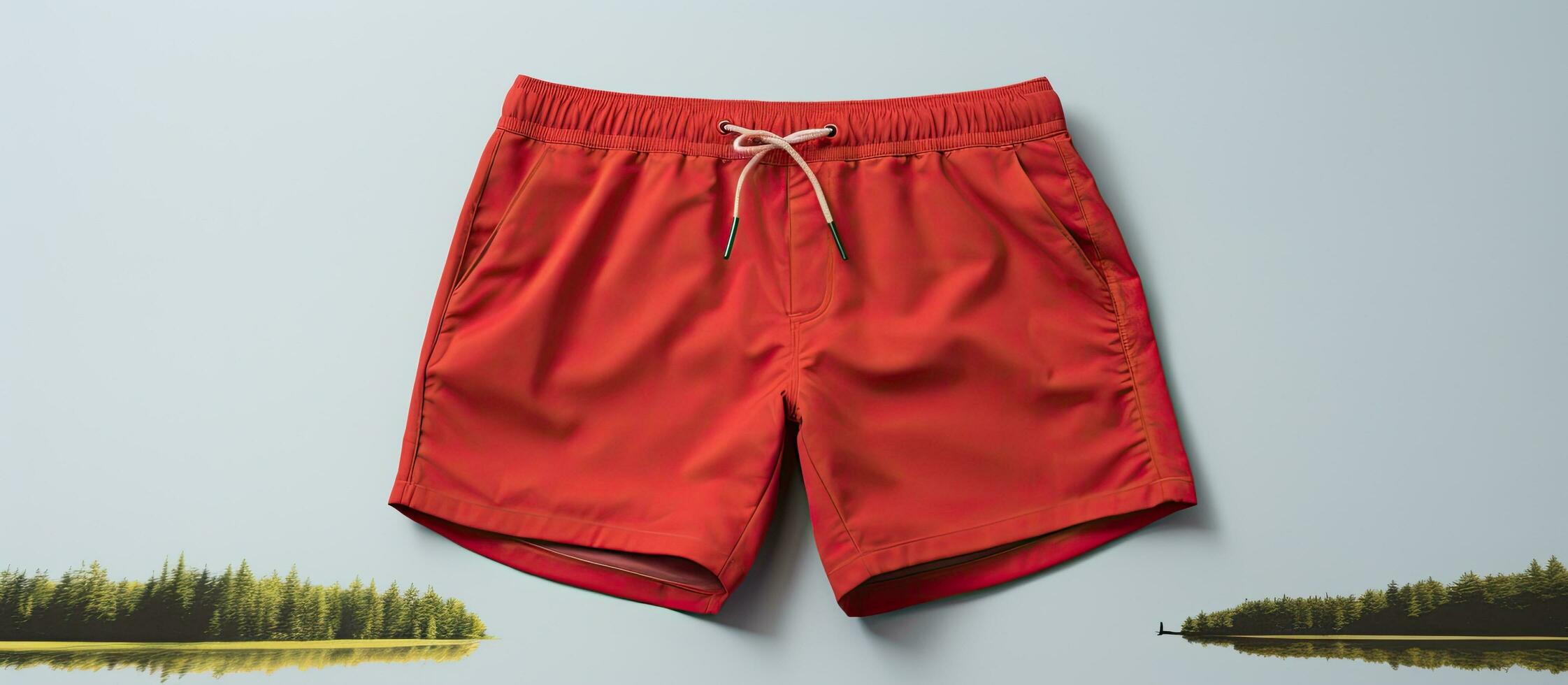Photo of a pair of vibrant red shorts hanging on a wall with copy space