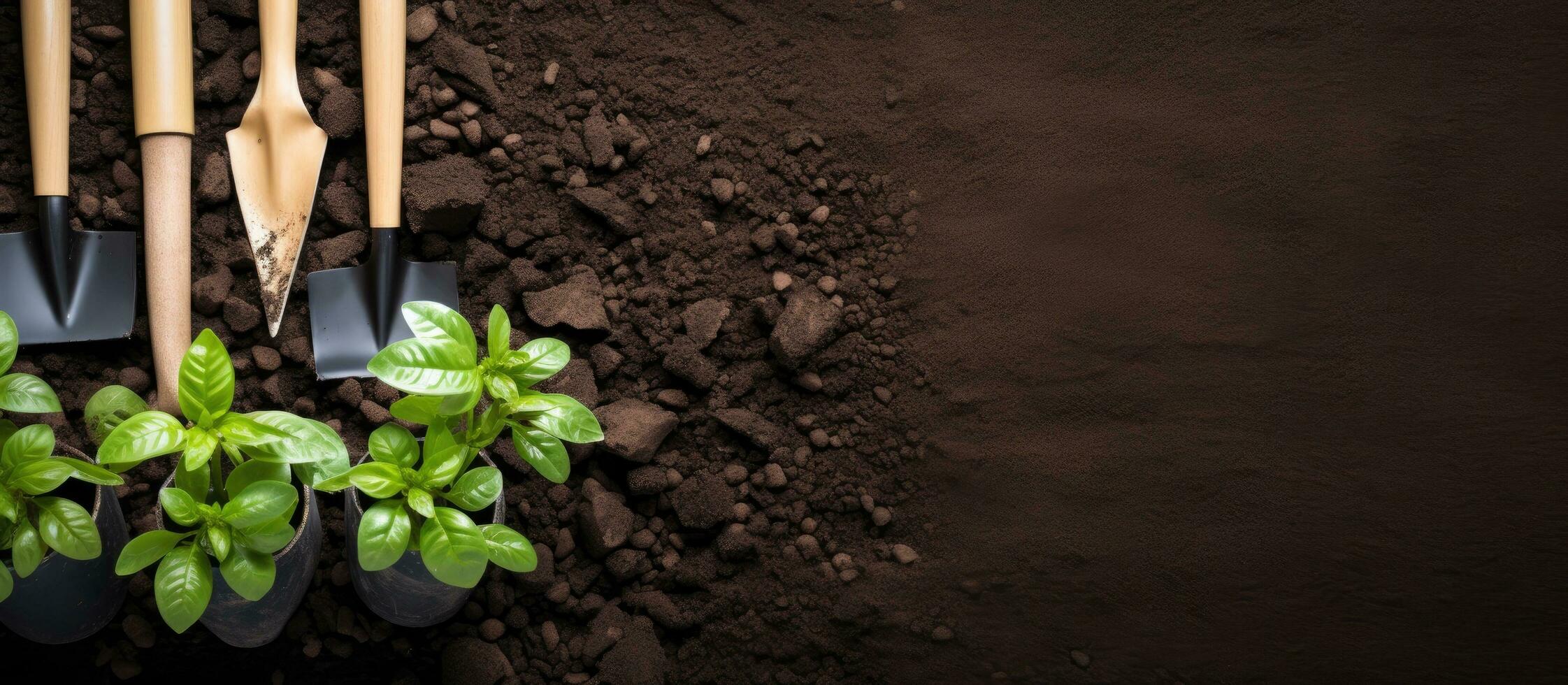 Photo of a group of shovels and plants in a garden bed with copy space