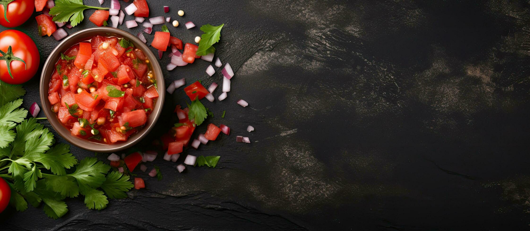 Photo of chopped tomatoes and parsley on a black background with copy space with copy space