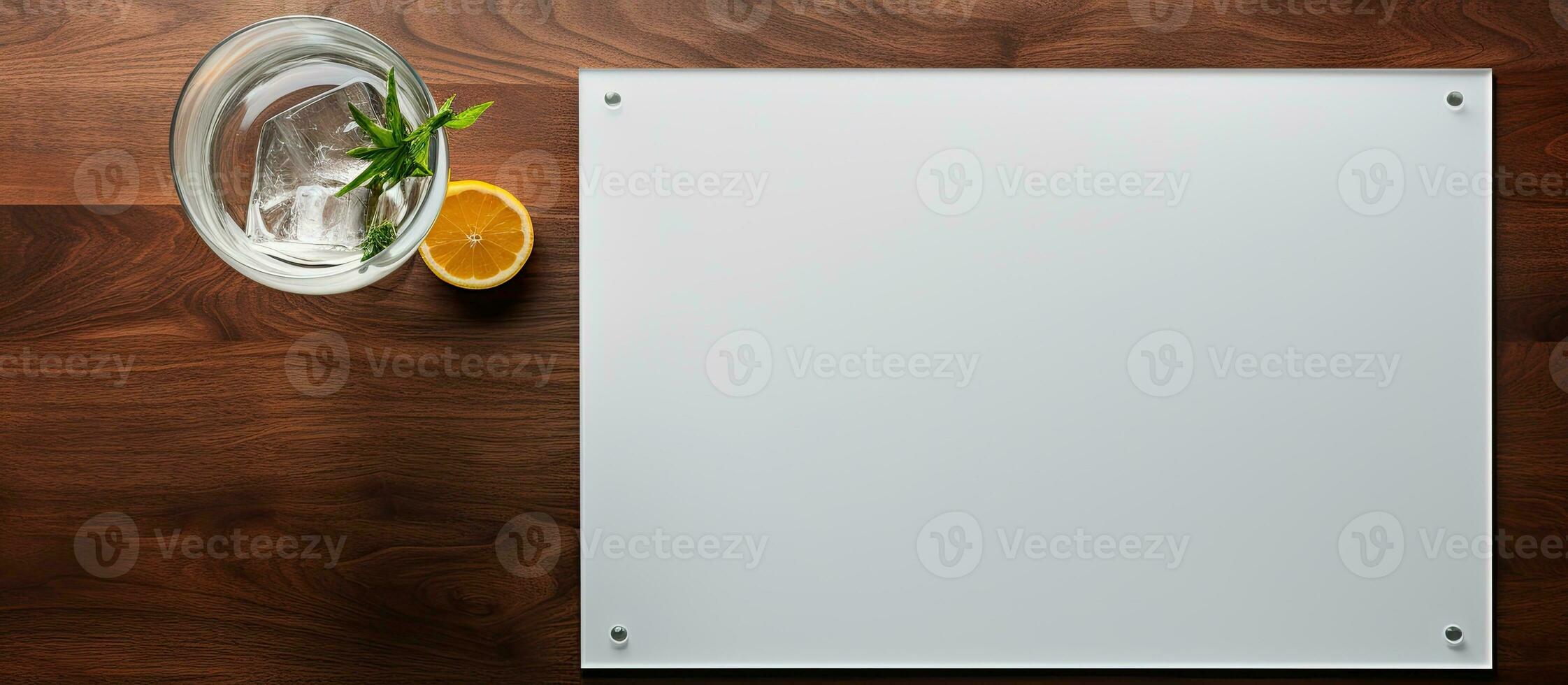 Photo of a refreshing glass of water with a citrus twist on a rustic wooden table with copy space