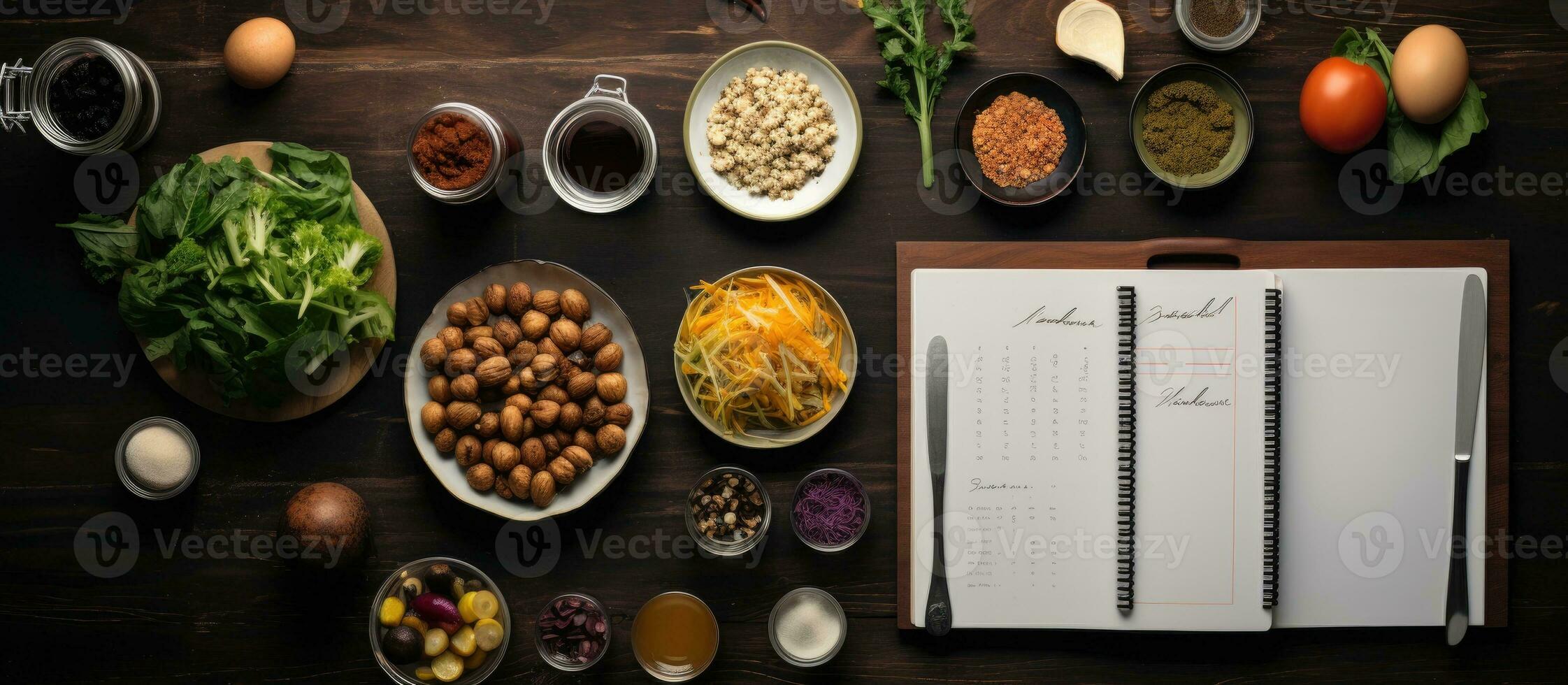 Photo of a table filled with a delicious spread of food and a notebook, ready for a feast and some creative writing with copy space