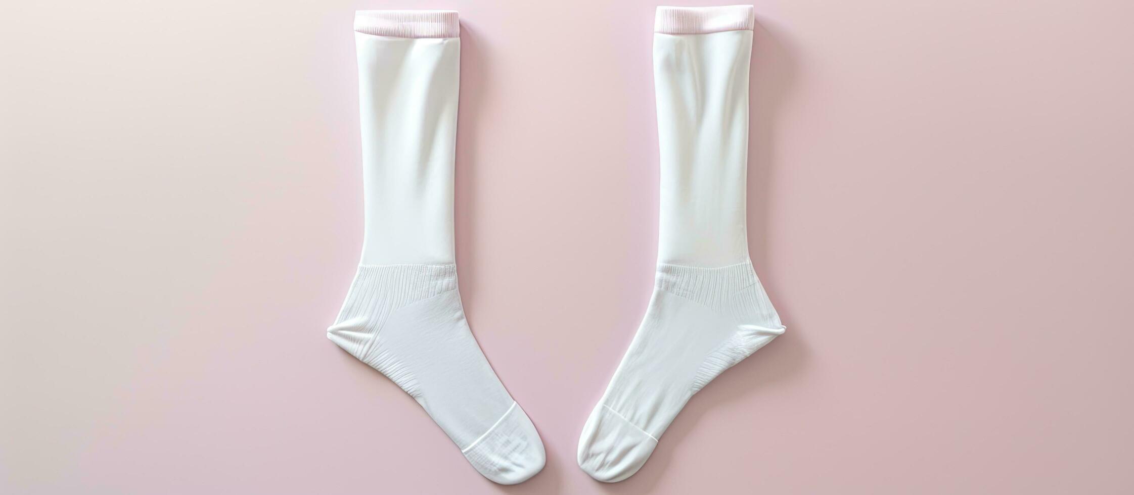 Photo of a pair of white socks on a pink background with blank space for text or design with copy space