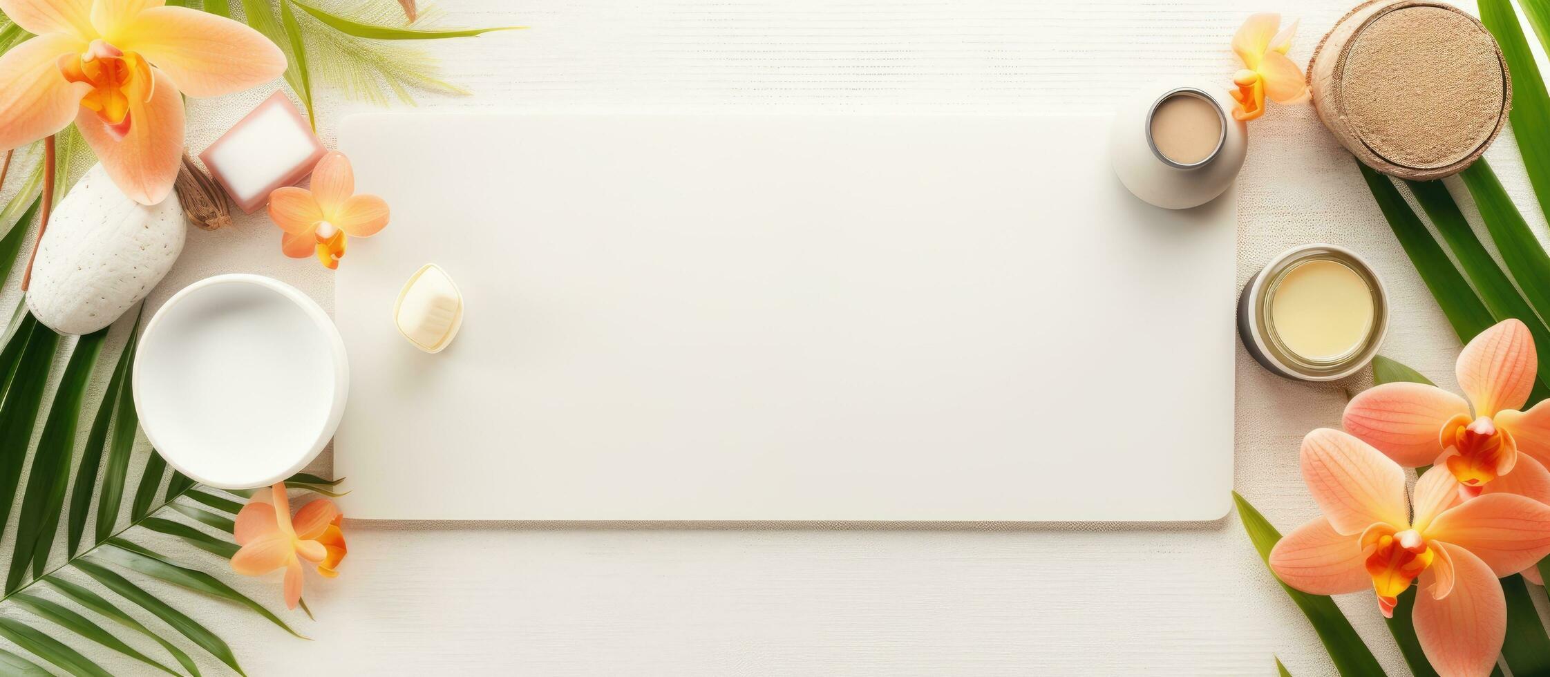 Photo of a beautifully decorated table with candles and flowers next to a white board with copy space