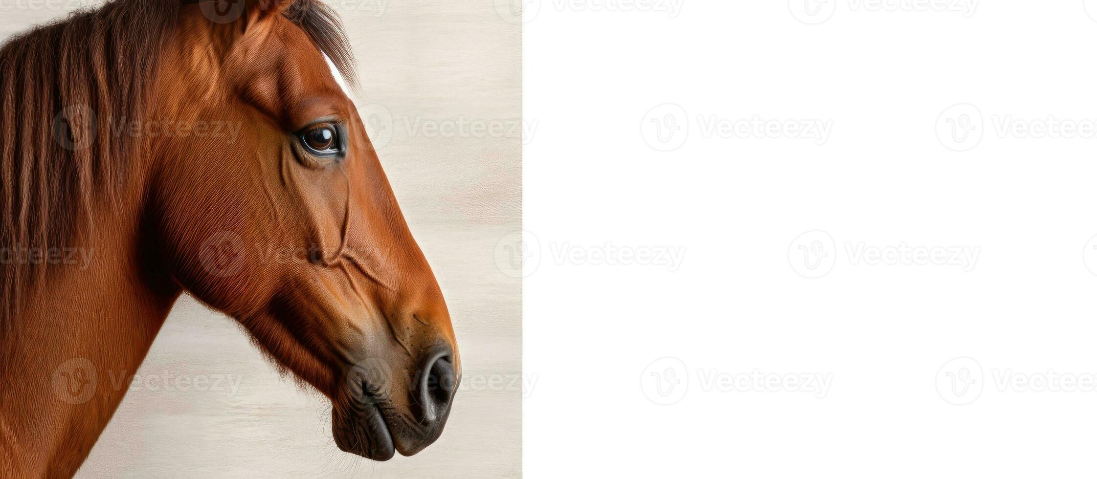 Photo of a majestic brown horse standing gracefully against a pristine white wall with copy space