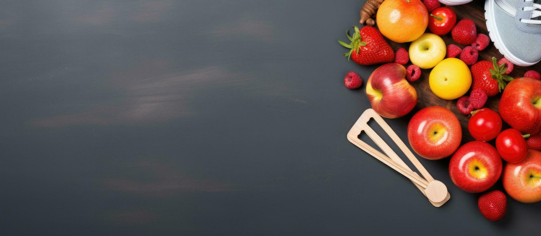 foto de un vistoso surtido de frutas y vegetales en un mesa con Copiar espacio