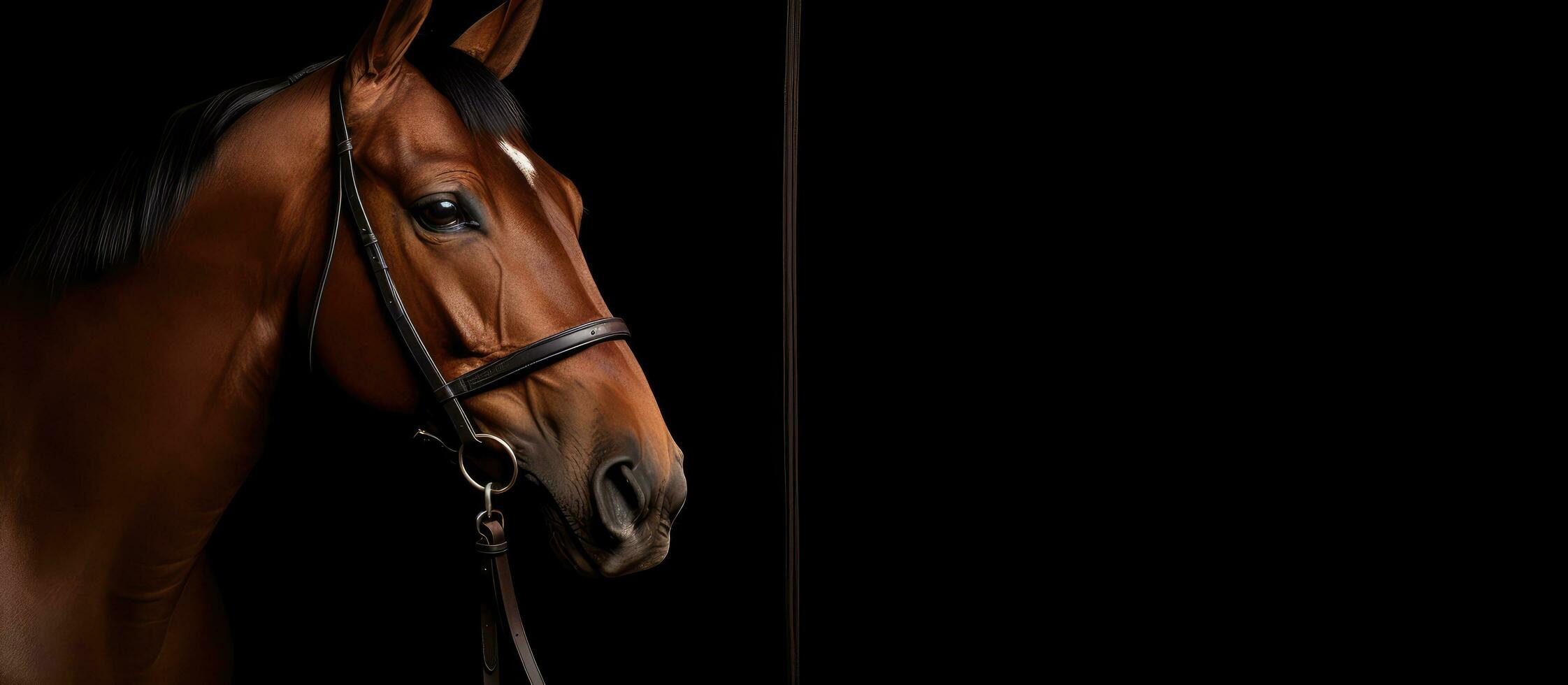 Photo of a majestic brown horse standing next to a sleek black wall with copy space