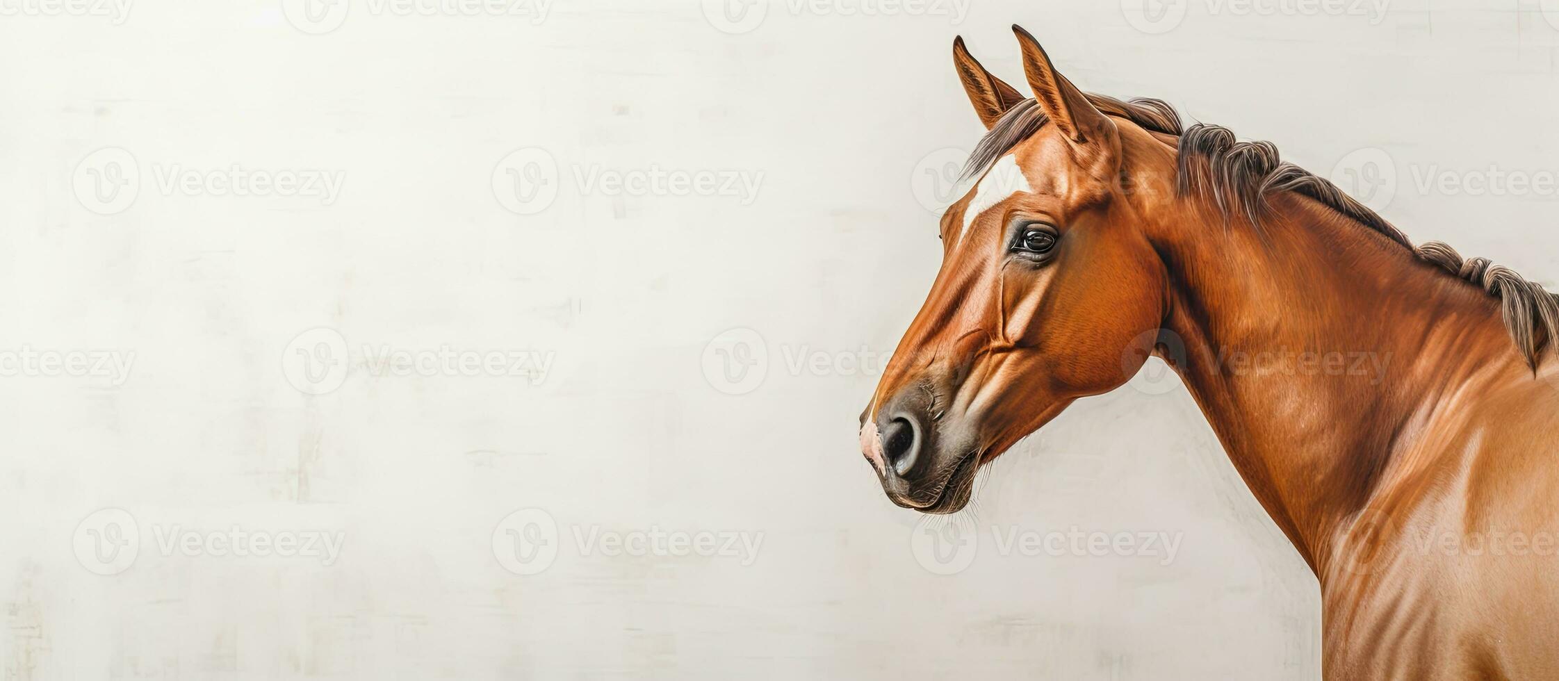 Photo of a majestic brown horse standing next to a pristine white wall with copy space