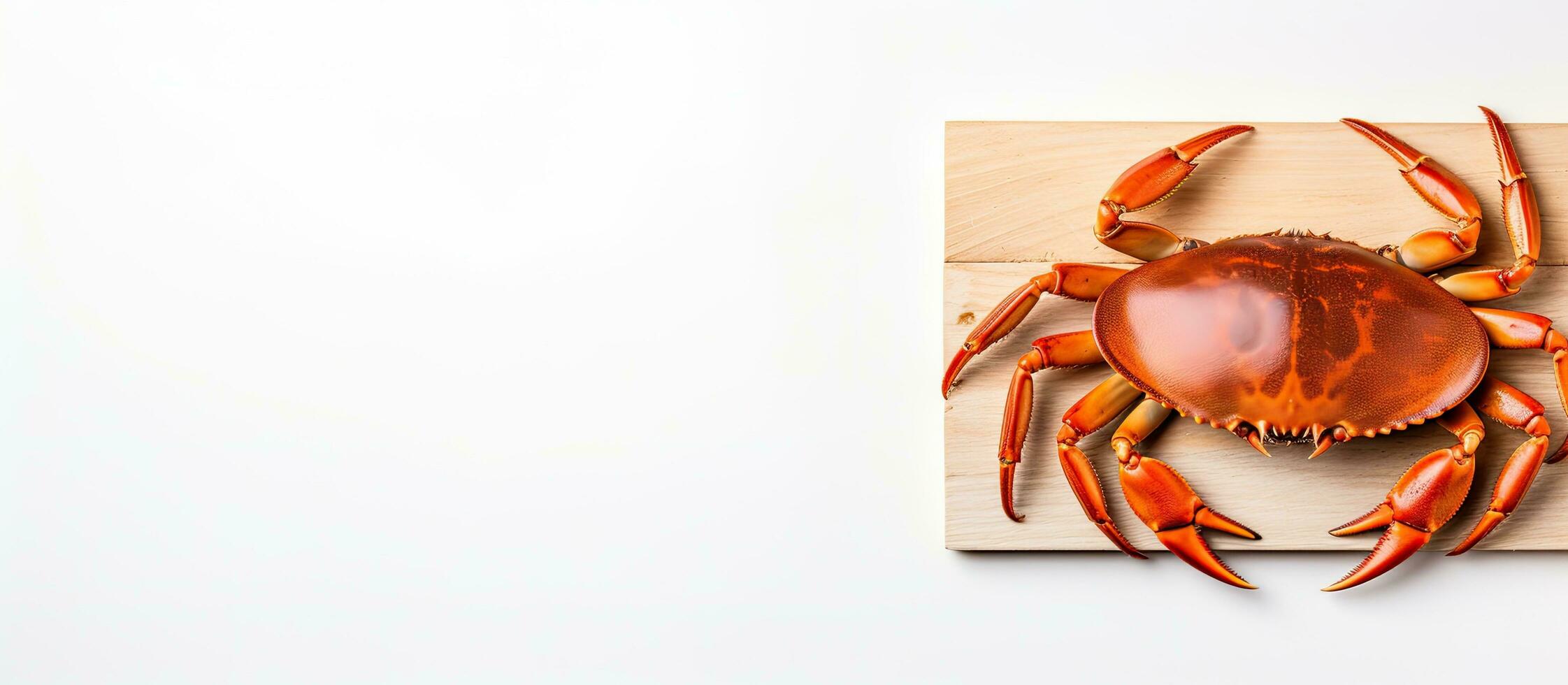 Photo of a crab on a wooden block against a white background with copy space
