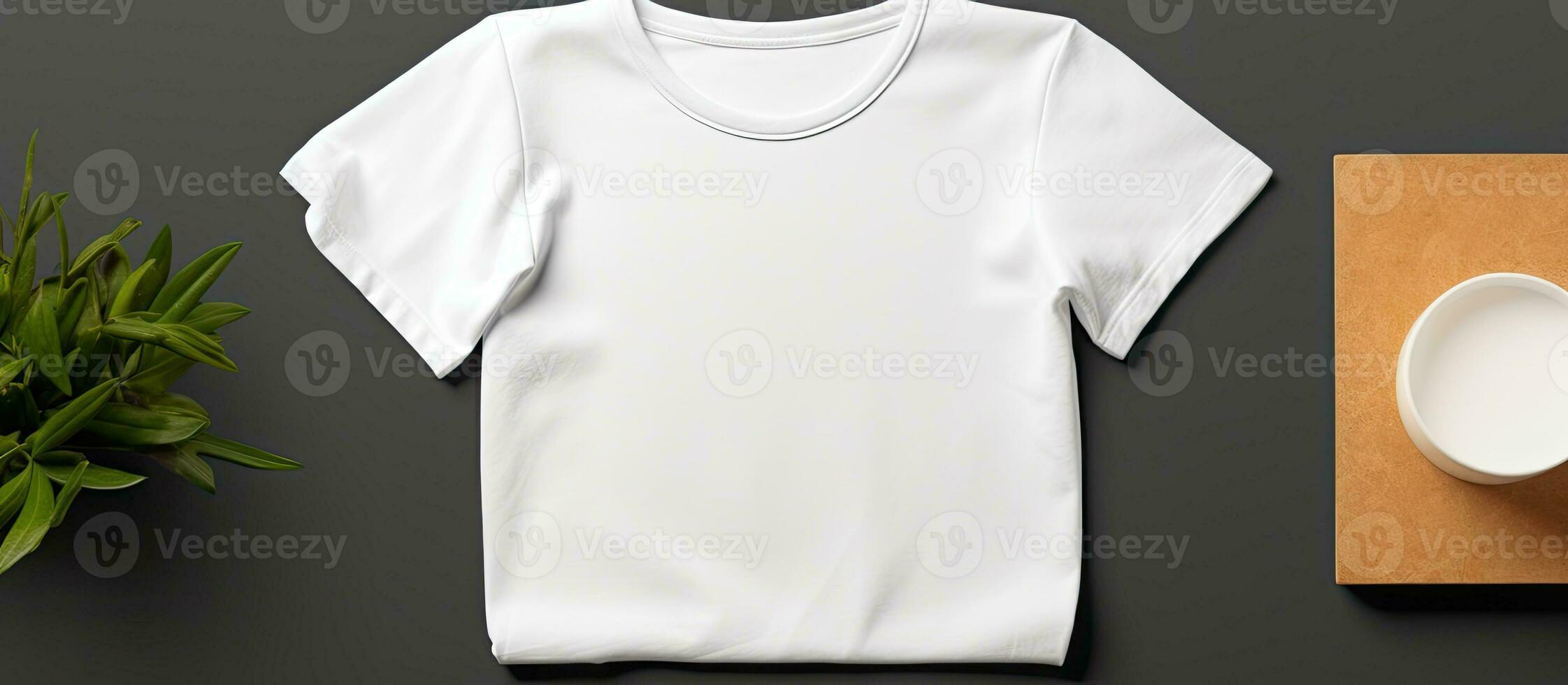 Photo of a white t shirt on a table with a potted plant with copy space