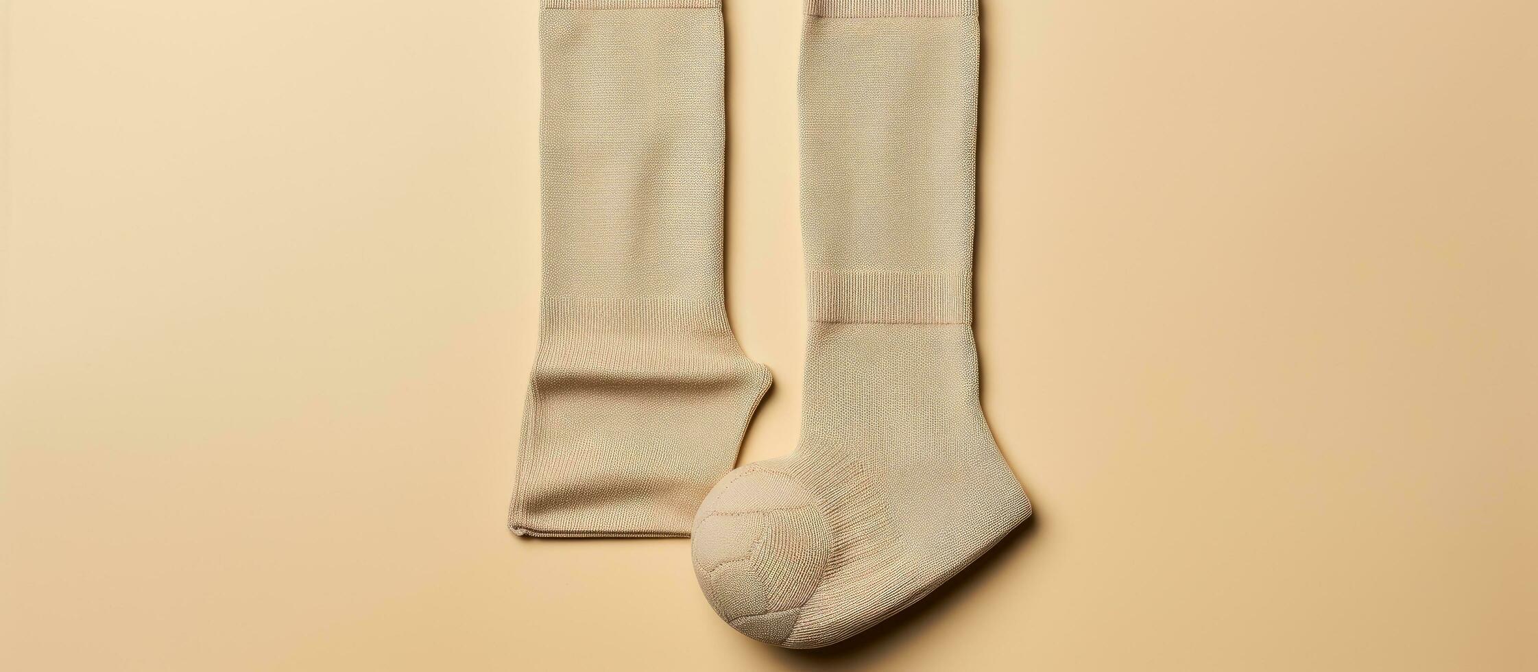Photo of a pair of white socks hanging on a wall with plenty of copy space with copy space