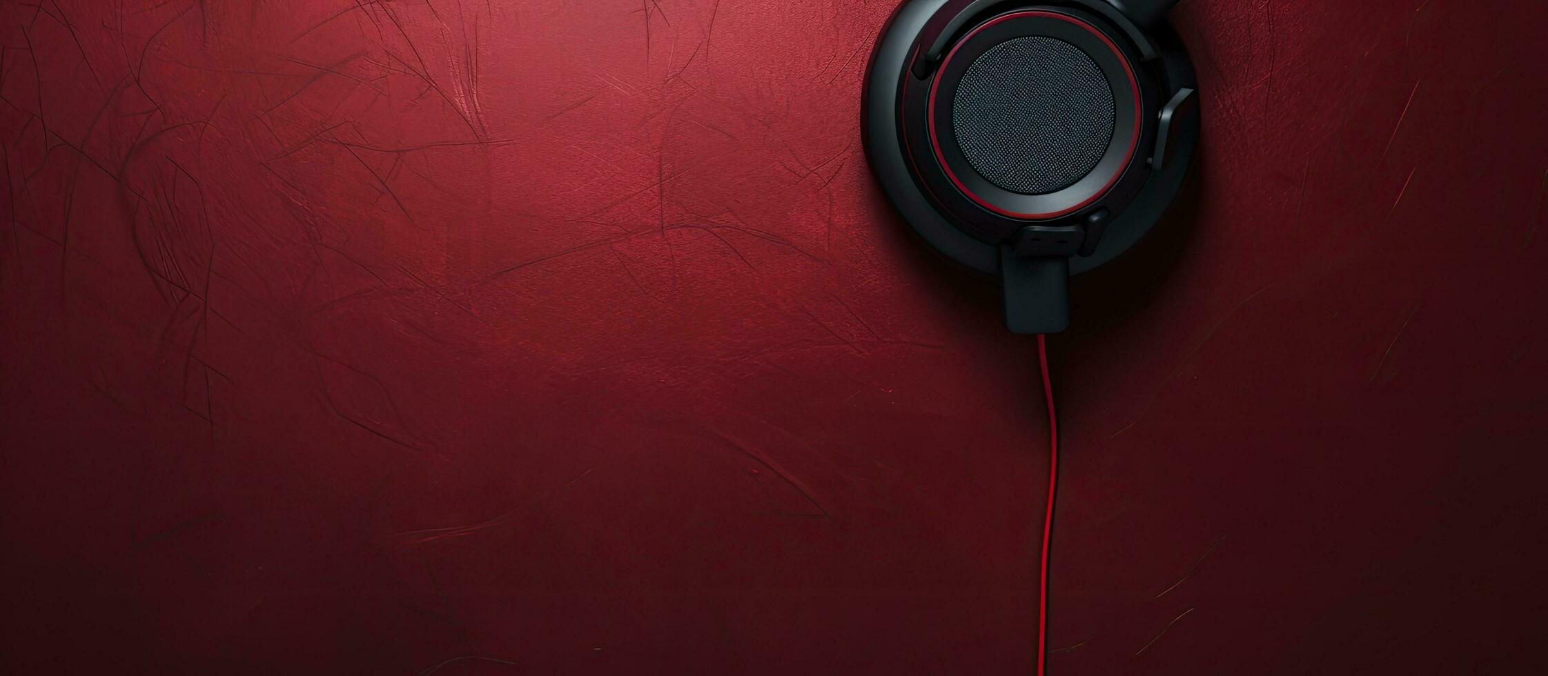 Photo of a pair of headphones hanging on a vibrant red wall with copy space