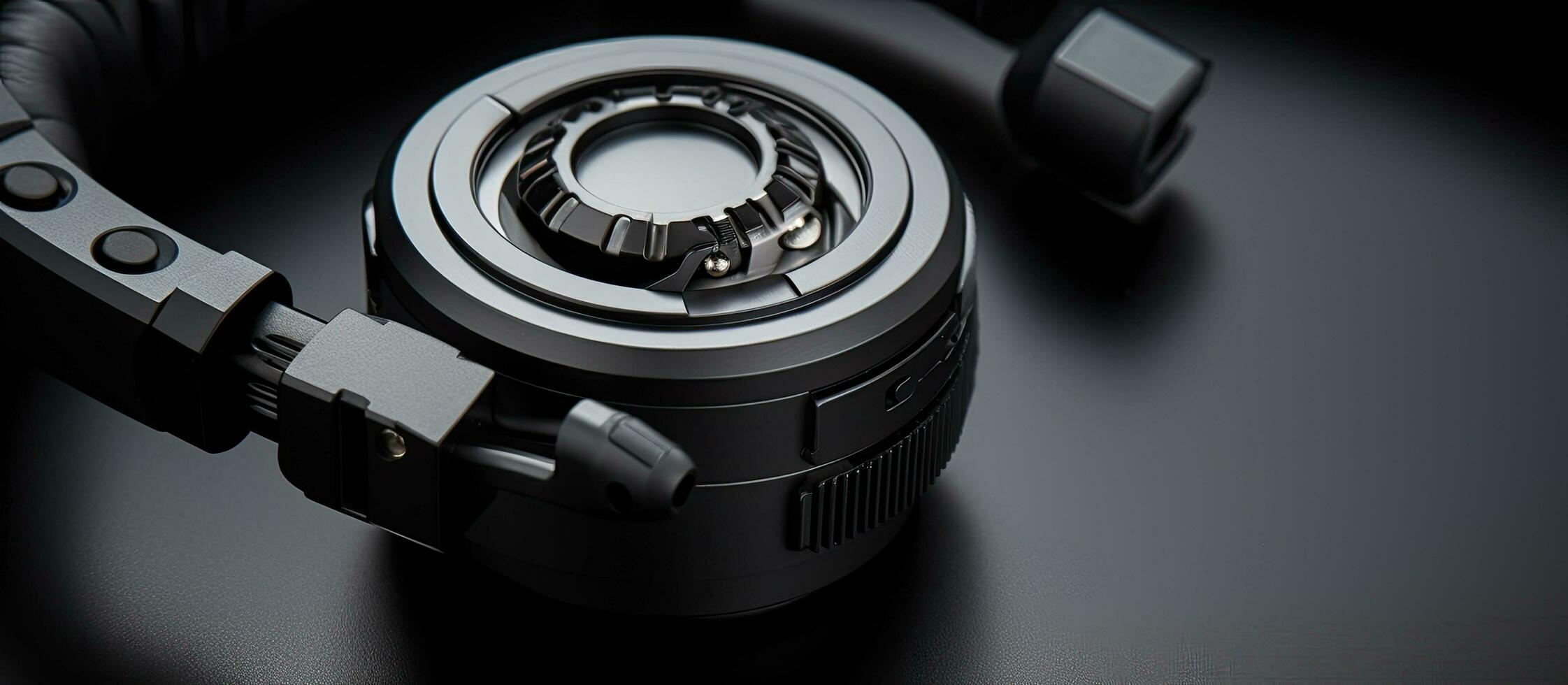 Photo of headphones on table with empty space for text with copy space