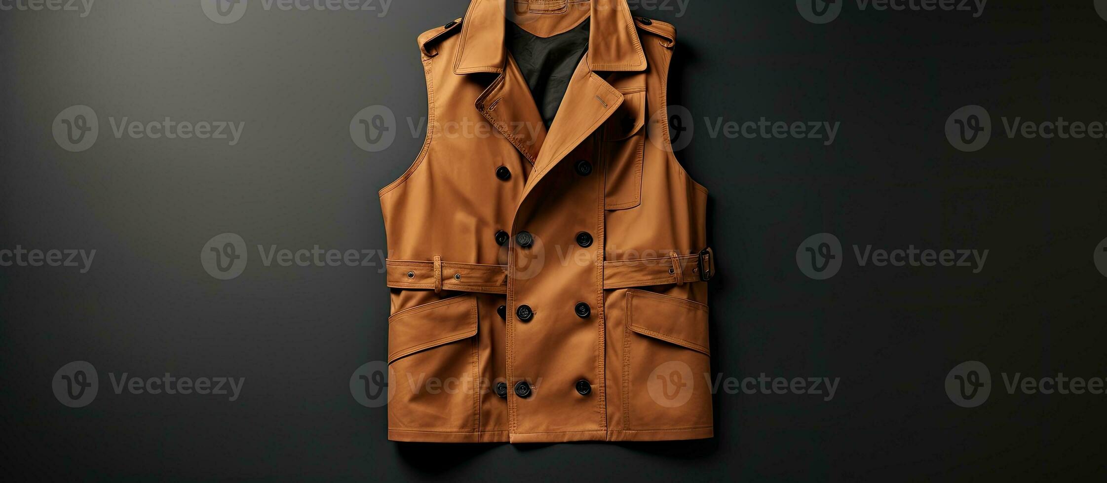 Photo of a tan leather vest hanging on a black wall with plenty of copy space with copy space