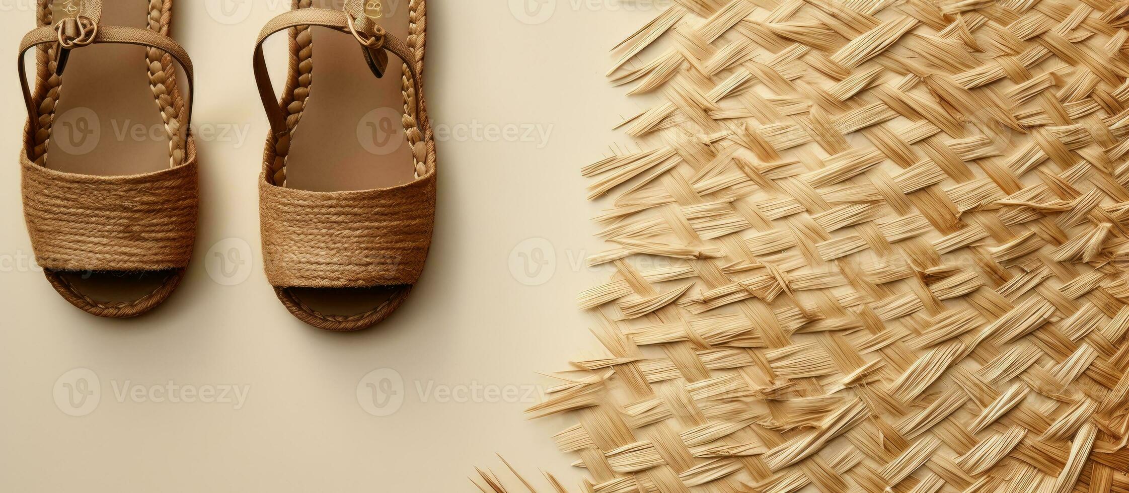 Photo of a pair of sandals resting on a table, creating a relaxed and summery atmosphere with copy space