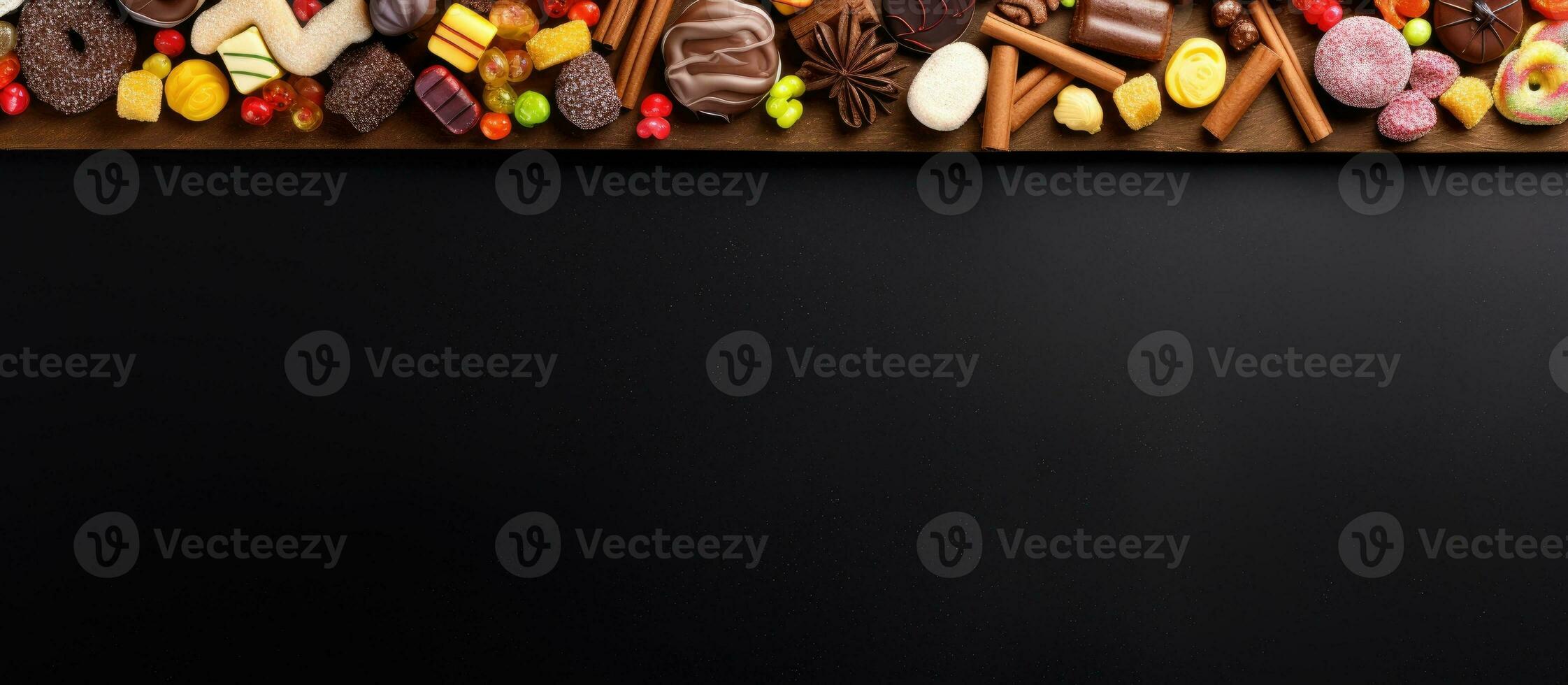 Photo of a colorful assortment of candies on a blackboard background with copy space