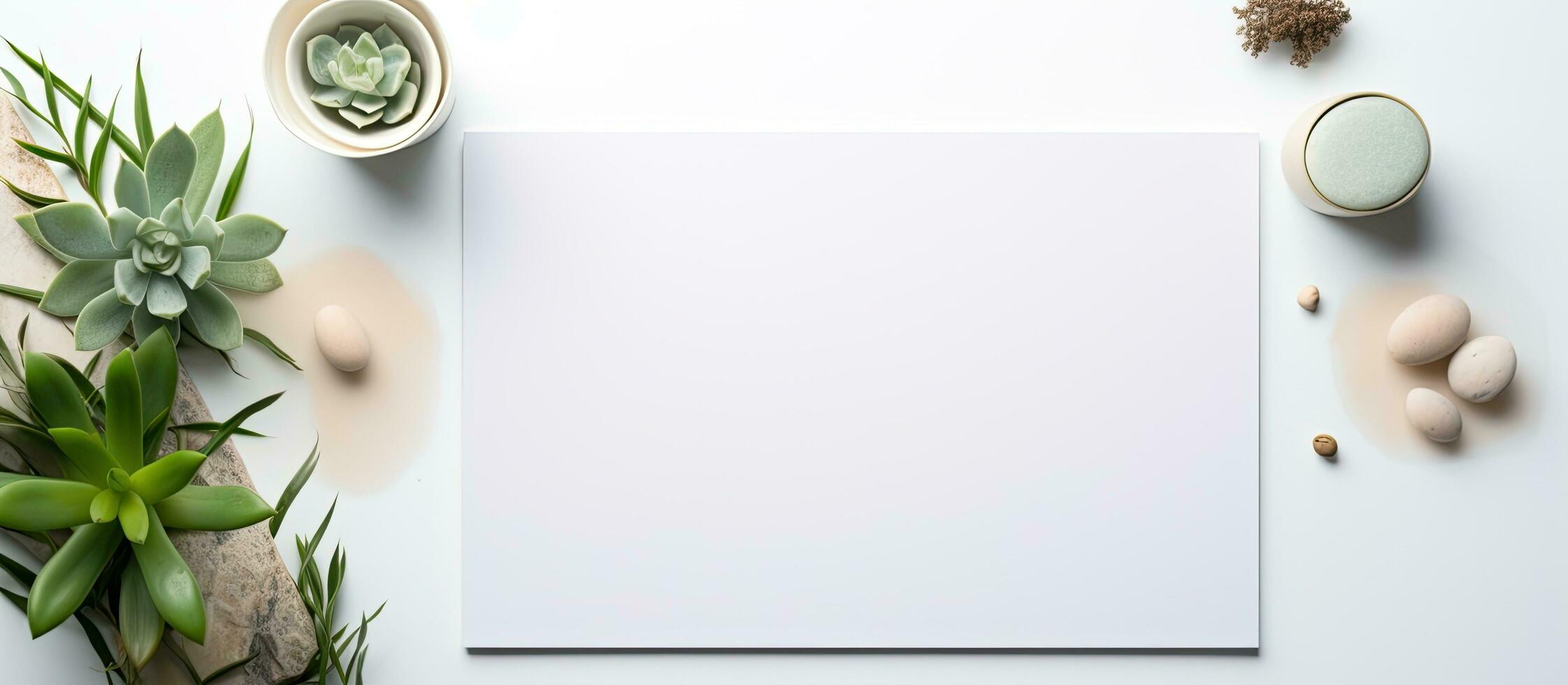 Photo of a blank paper surrounded by succulents and rocks, perfect for adding your own creative ideas with copy space