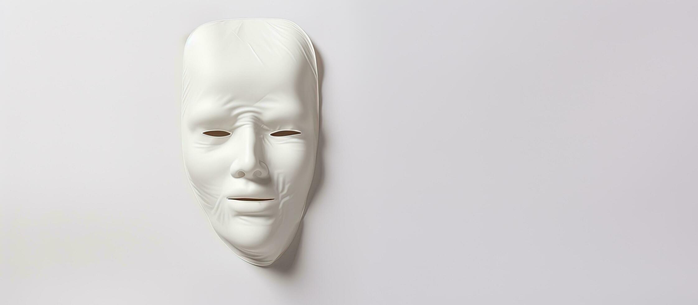 Photo of a white mask hanging on a wall with empty space for creativity with copy space