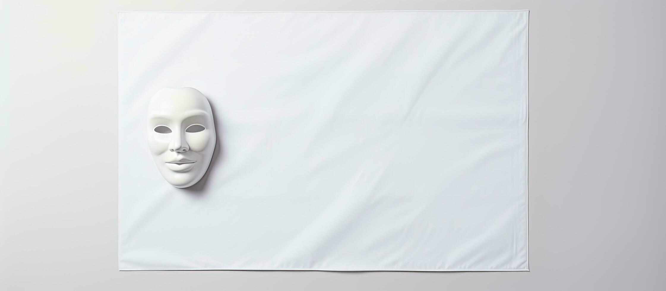 Photo of a minimalist white mask hanging on a blank wall with copy space