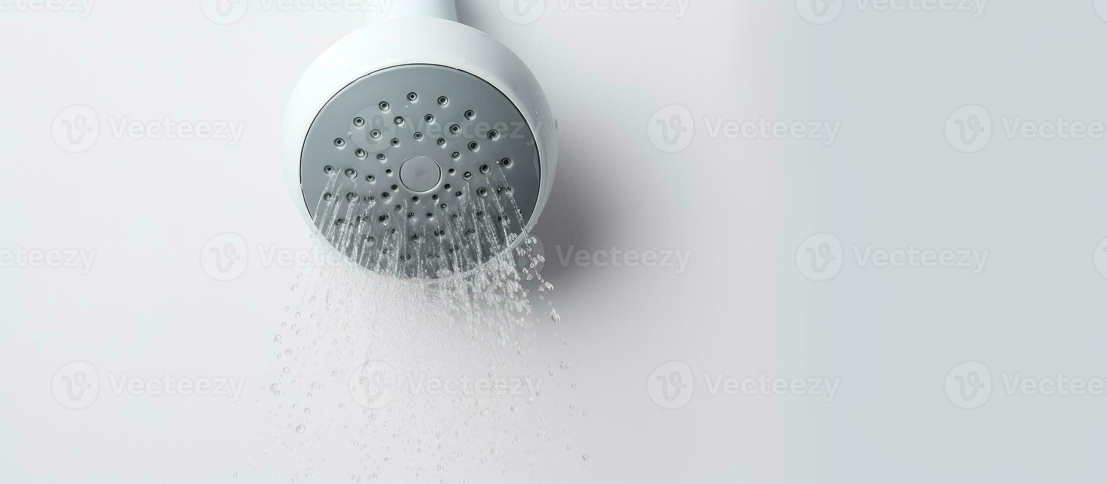 Photo of a shower head with water flowing out in a close up view with copy space