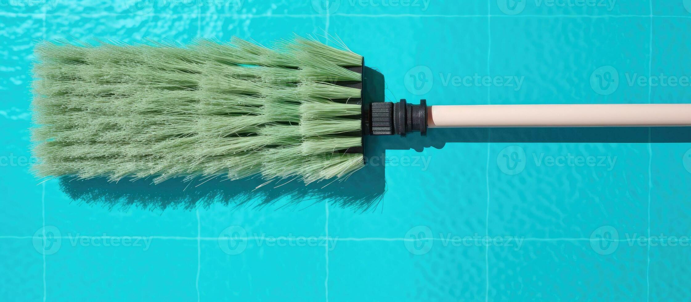 Photo of a blue pool with a green brush floating on the surface with copy space