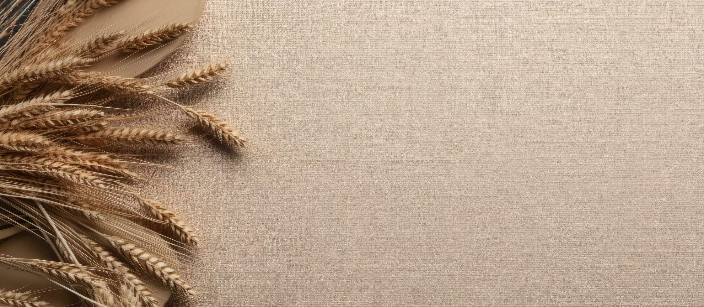 Photo of a rustic table adorned with a bountiful harvest of golden wheat with copy space