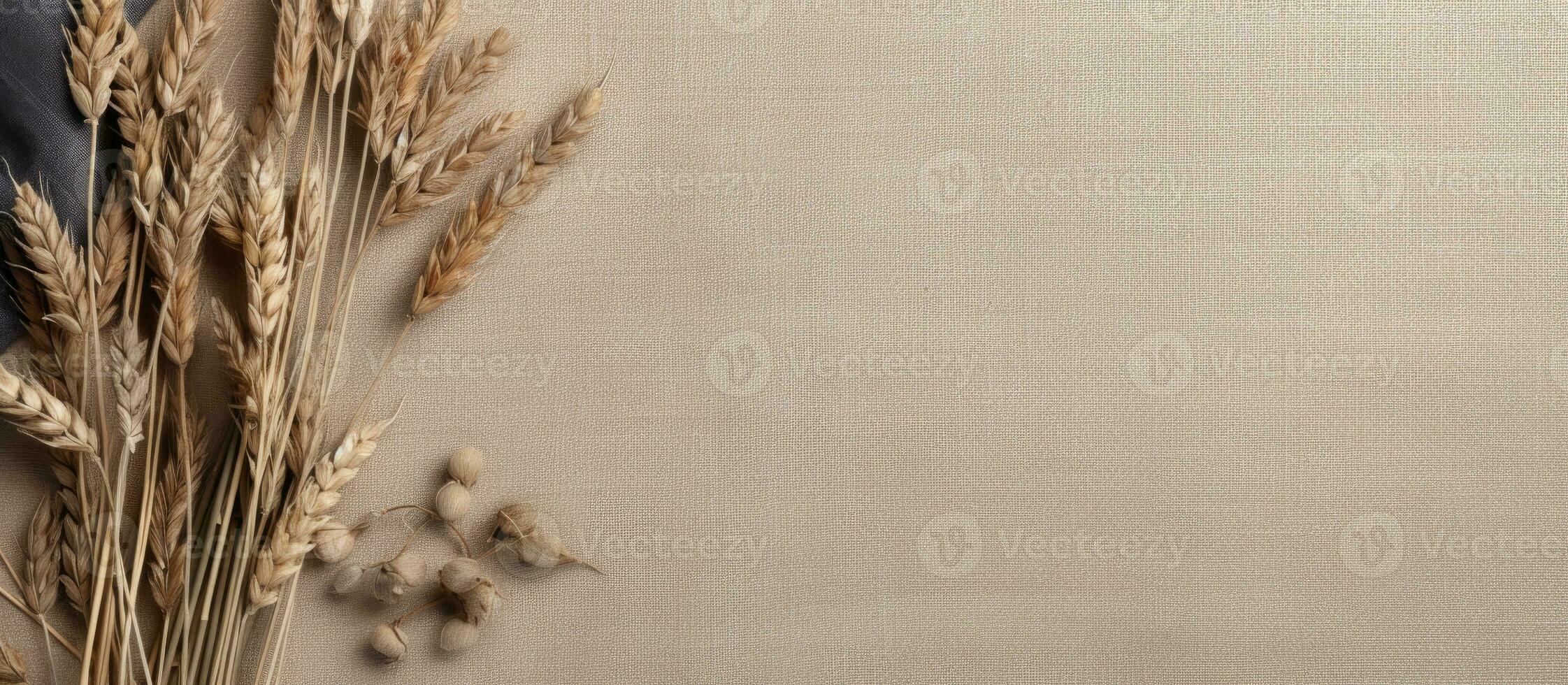 Photo of a rustic table adorned with a beautiful bouquet of dried flowers with copy space