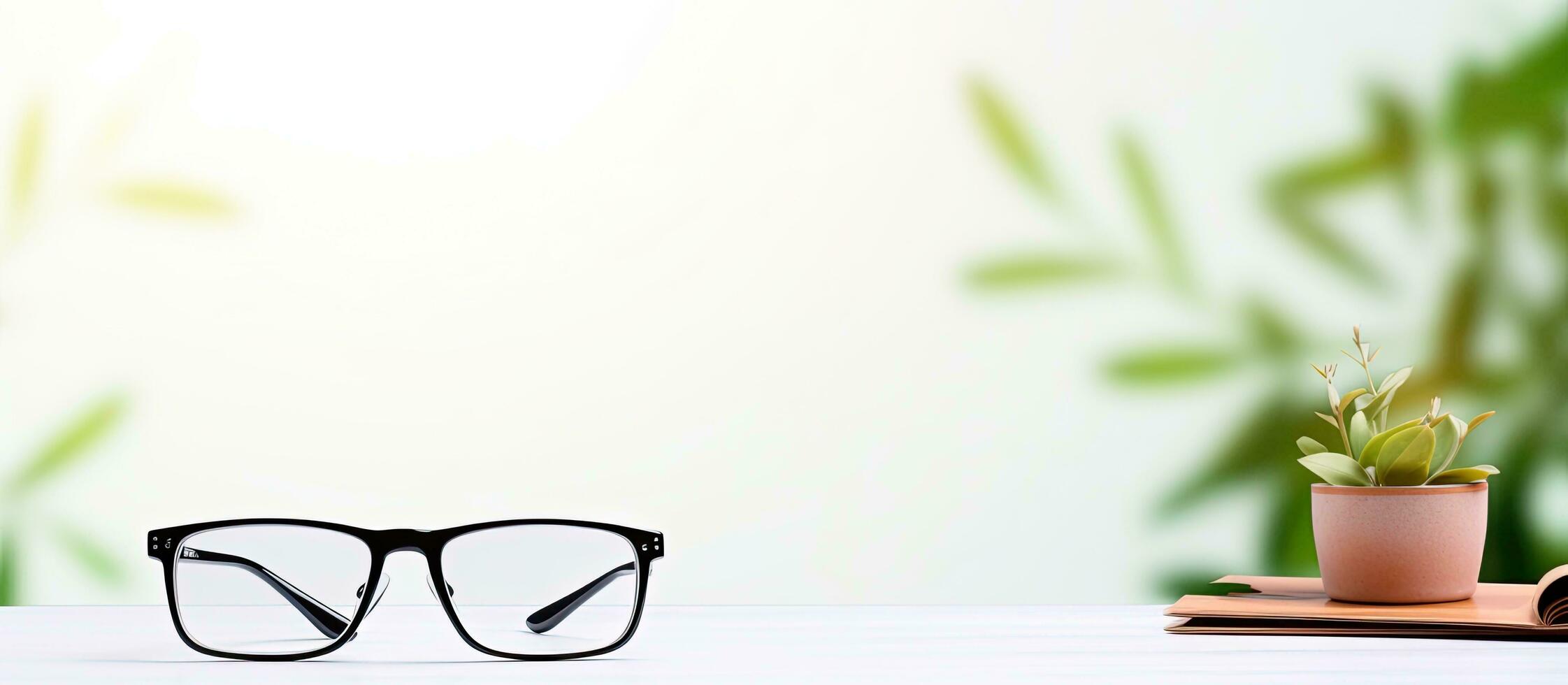 Photo of a pair of glasses sitting on a table next to a potted plant with copy space