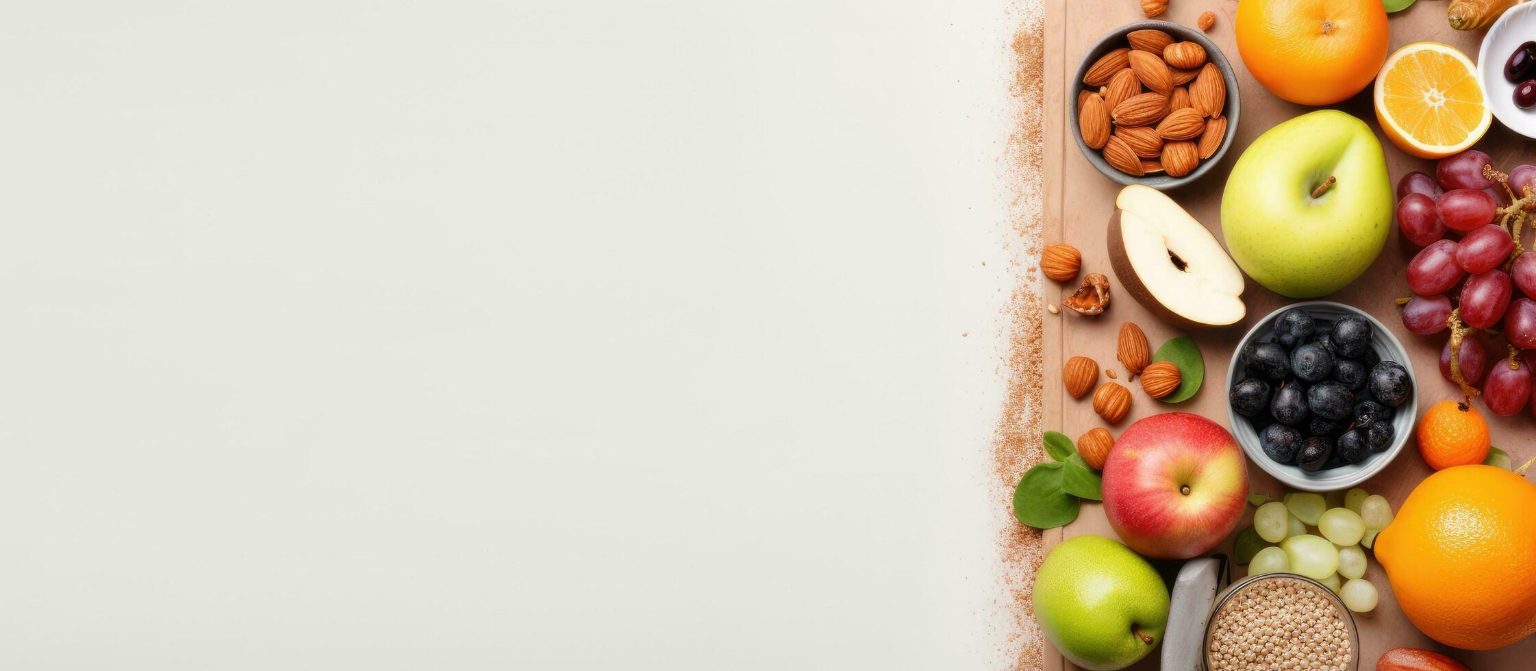 Photo of a colorful assortment of fruits and vegetables on a rustic wooden cutting board with copy space