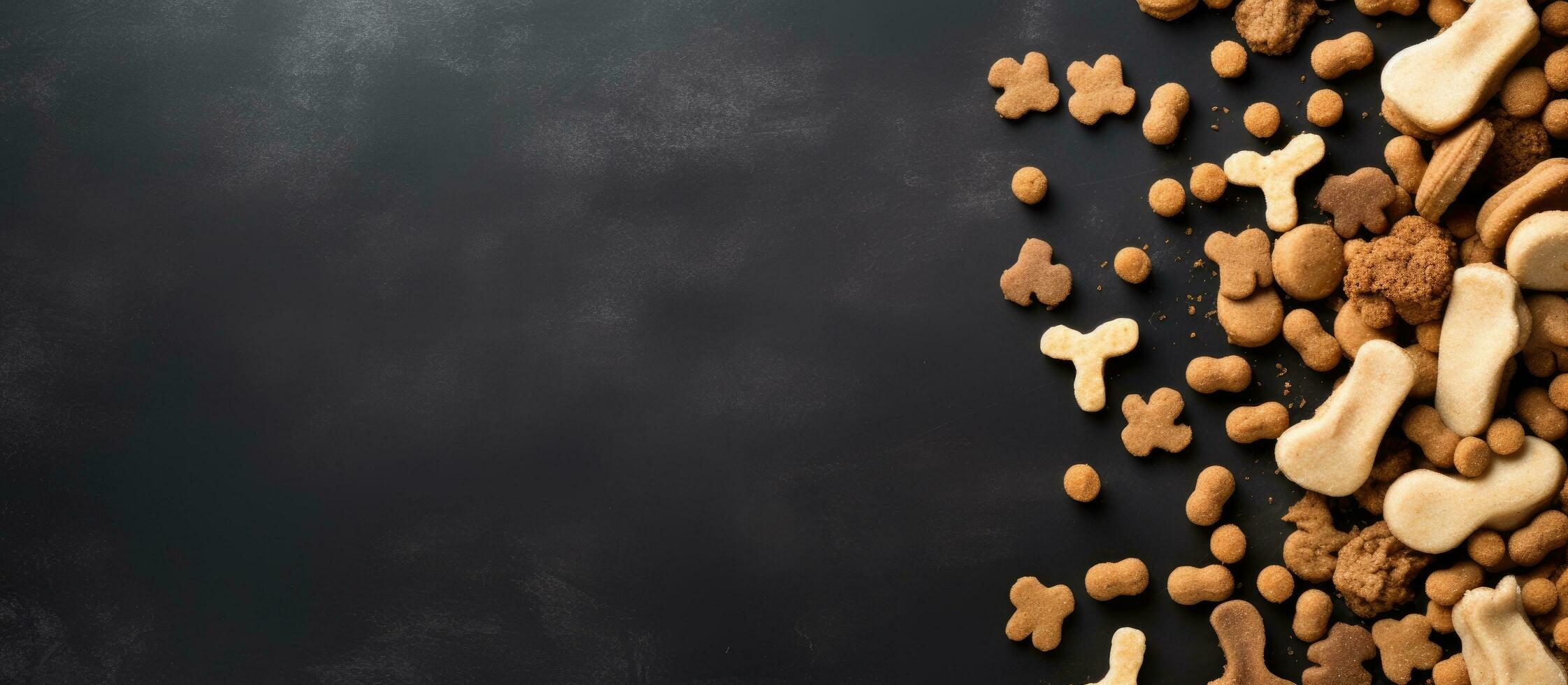 Photo of a pile of dog food on a black surface with plenty of copy space with copy space