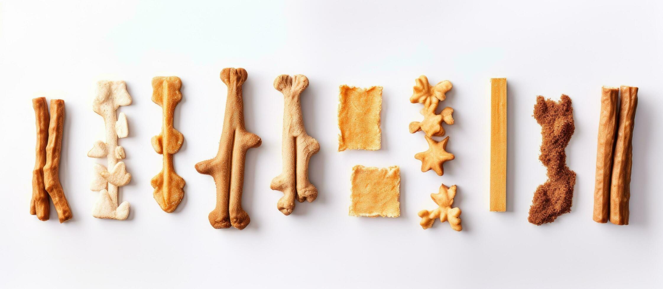 Photo of a creative arrangement of dog treats spelling out a word with copy space