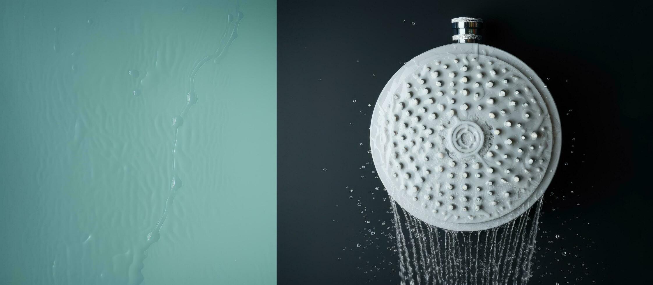 Photo of a shower head with water flowing with copy space