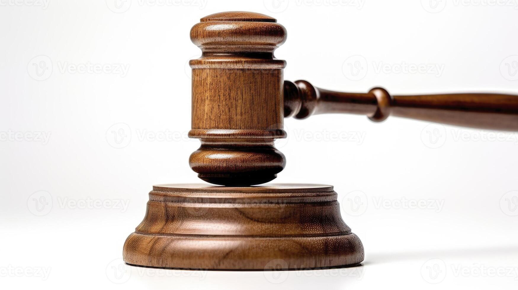 Judge's gavel hammer for adjudication isolated on white background. wooden auction hammer with a wooden stand. law and justice concept, photo