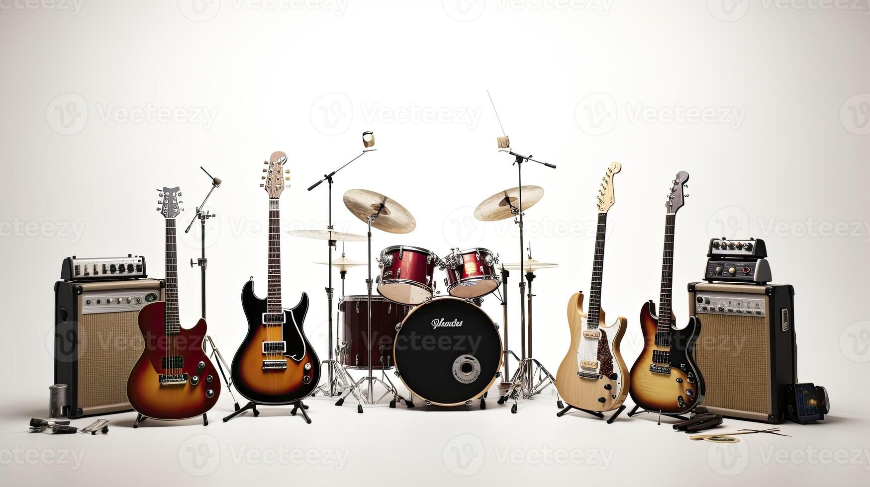 Rock Band, solo guitar, bass, drums, microphone on a black suitcase, photo