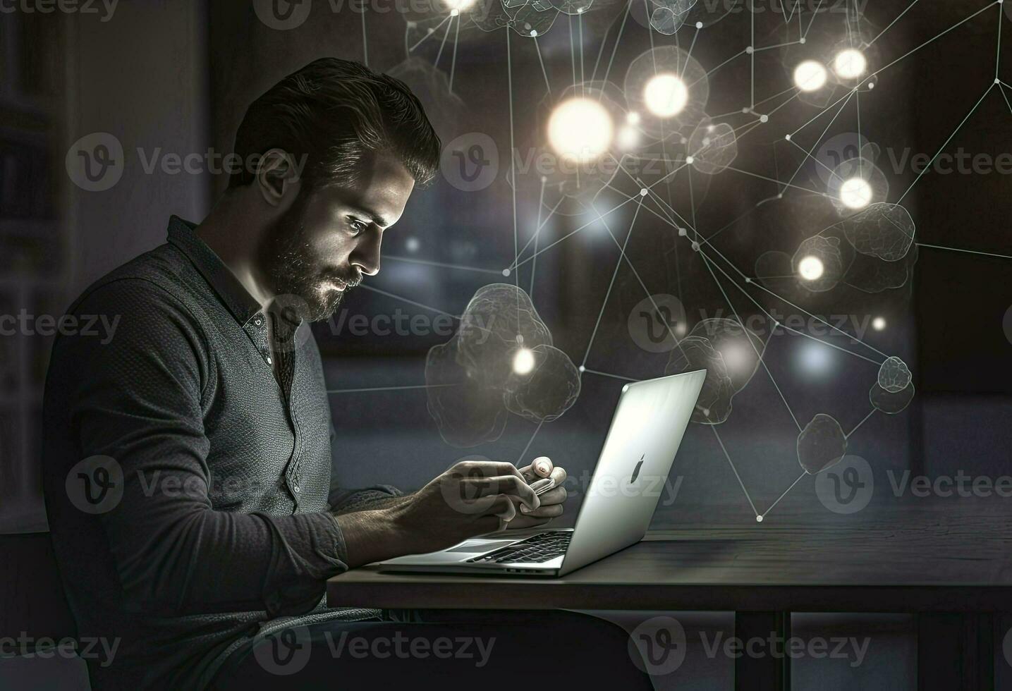 Businessman at home working laptop technology typing computer assemble data drawing concept, AI Generative photo