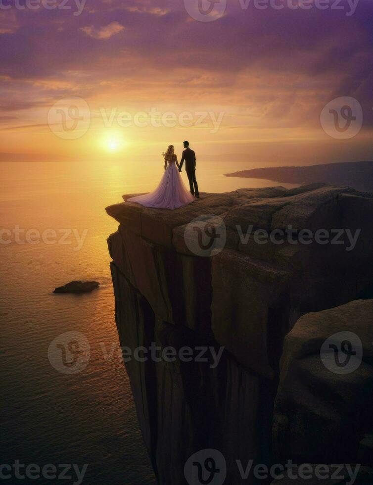 couple standing on a cliff in the evening sunset, wedding invitation, romance, love, AI Generative, AI Generative photo