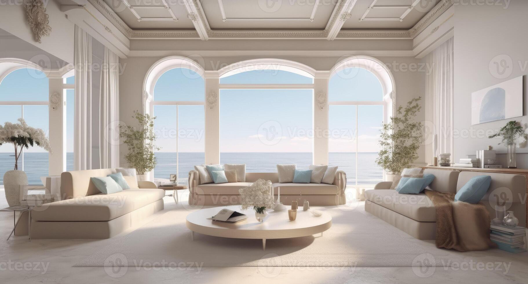 Modern luxury home showcase living room with ocean view, 26860253 Stock