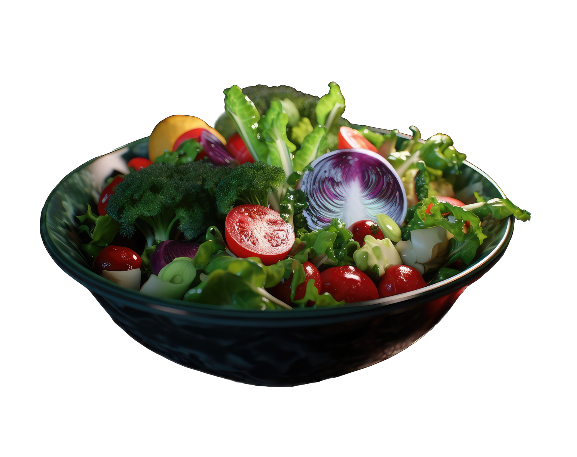 Green salad with tomato and fresh vegetables isolated on transparent