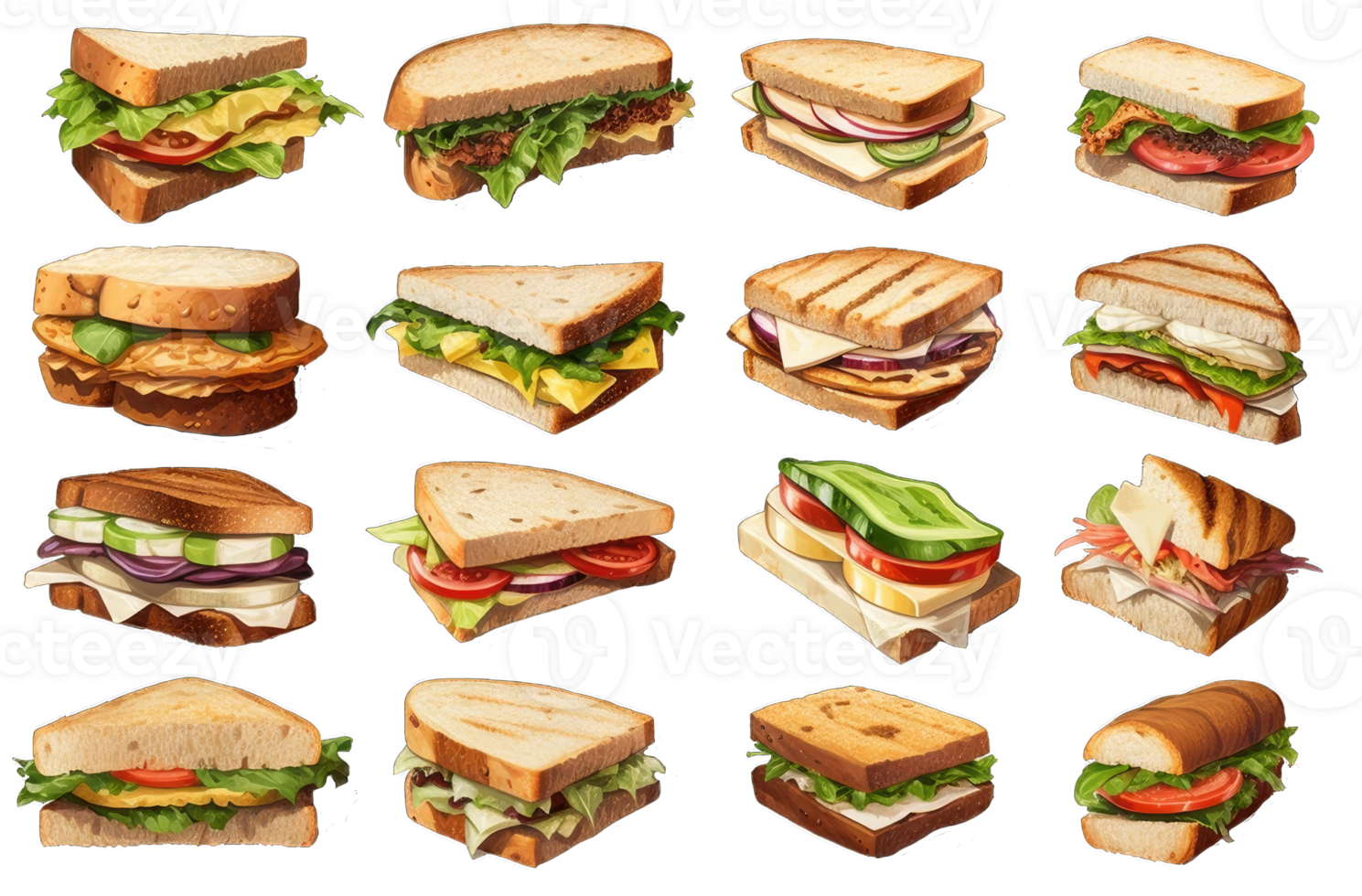Set of delicious juicy sandwiches filled with vegetables, cheese, meat, bacon. Watercolor vector illustration, transparent background png
