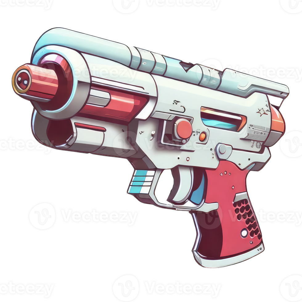 Watercolor illustration of a red and white alien blaster with a lightning bolt imprint in cartoon style, isolated on transparent background. Space punk raygun drawing. Laser gun fantasy art. png