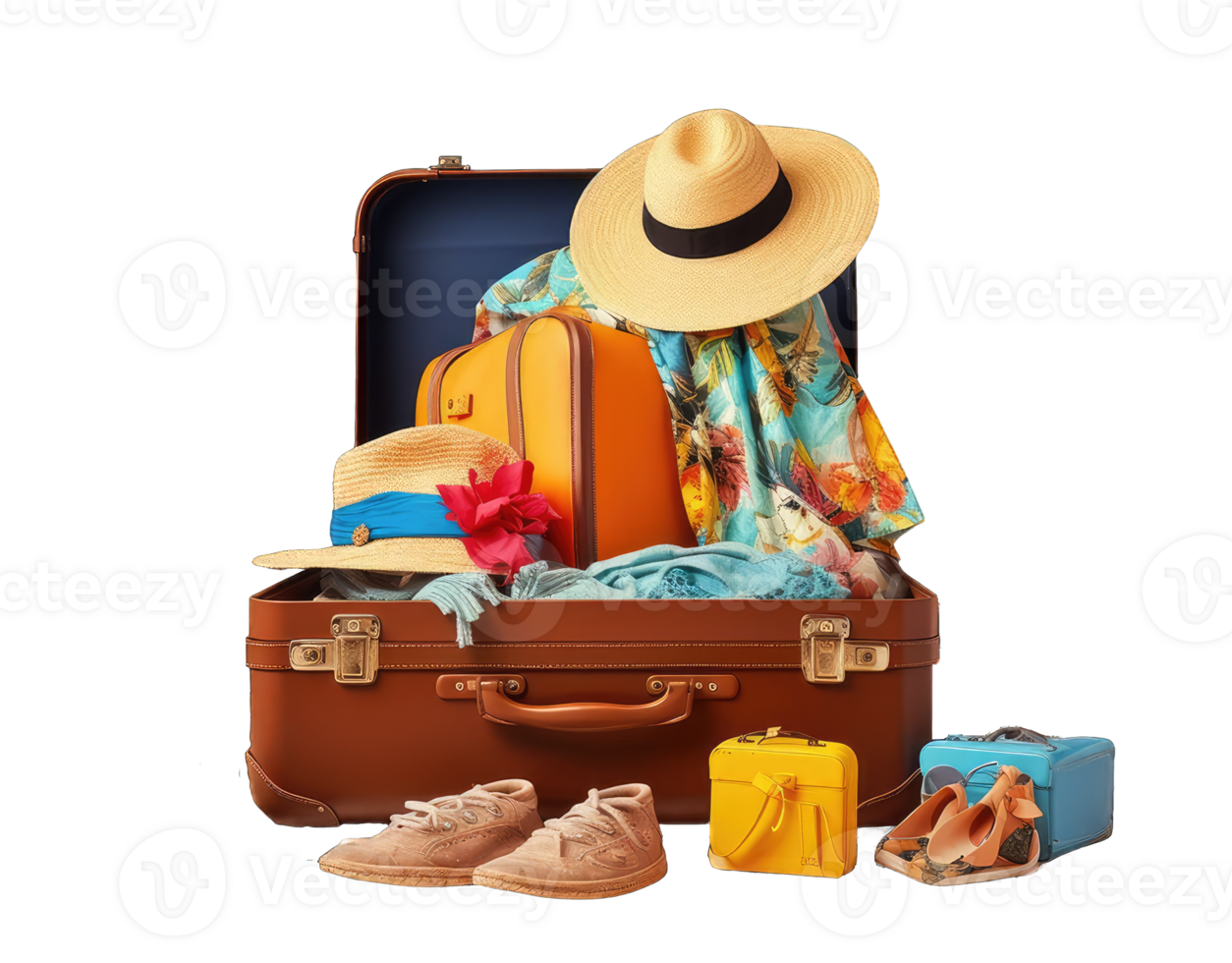 Suitcase with travel accessories on transparent background. 3d rendering png