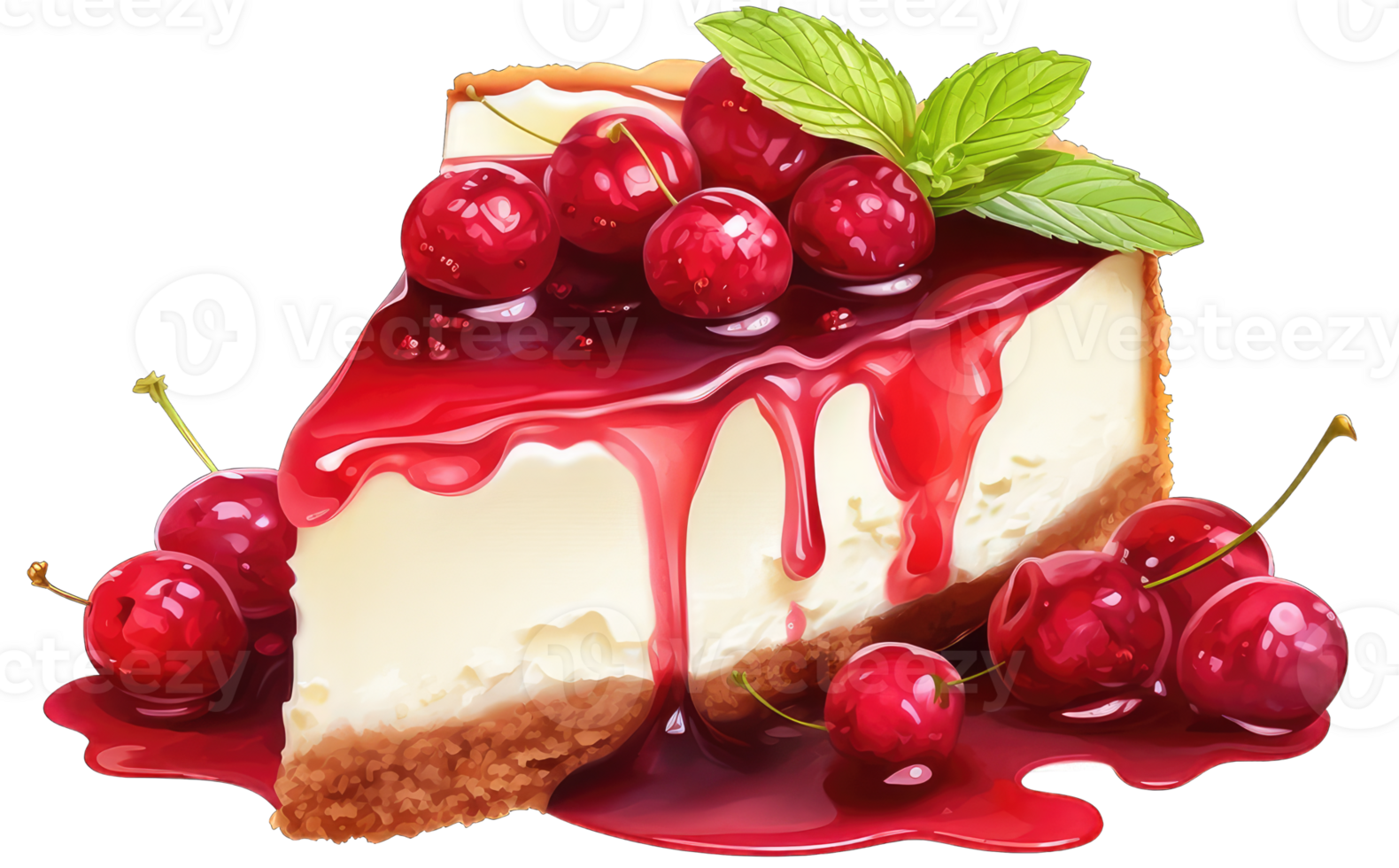 Cheesecake with fresh red currants, syrup and mint leaves isolated on transparent background png