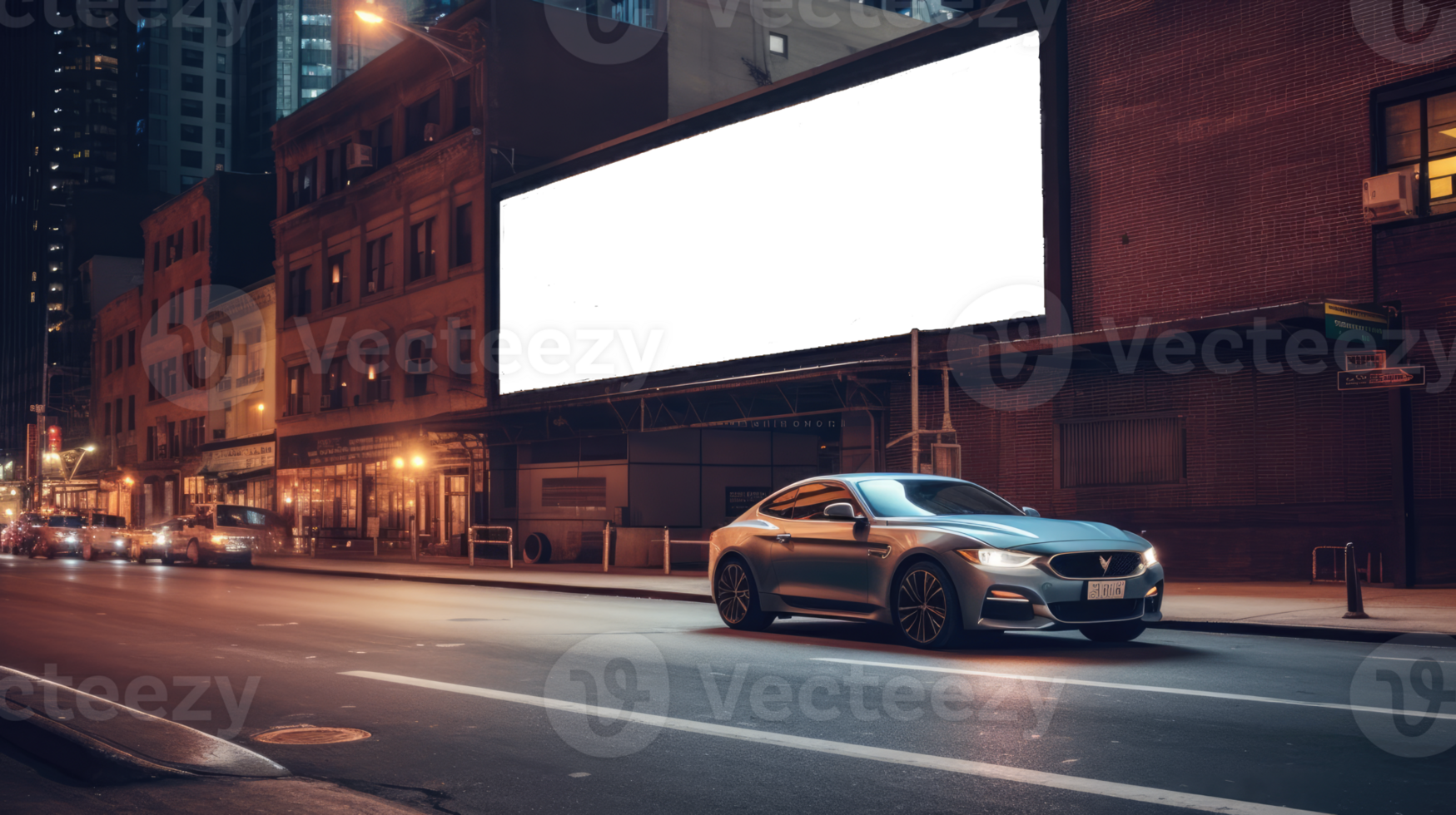 Billboard mockup outdoors, Outdoor advertising poster at night time with street light line for advertisement street city night. png