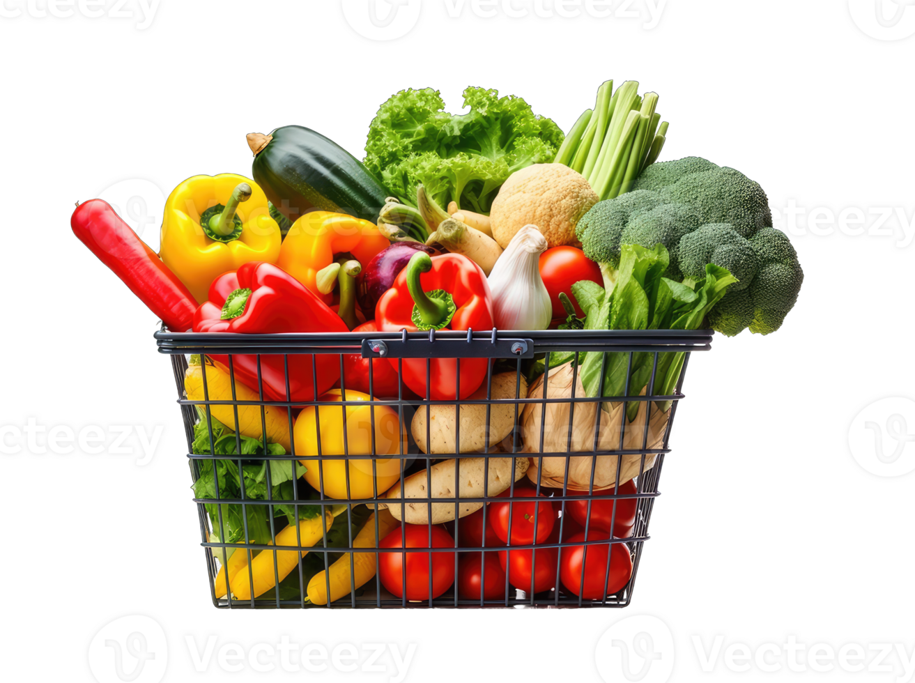 Large basket of vegetables. Potatoes, tomatoes, onions, cabbage, paprika, zucchini, eggplant. Isolate on transparent background png