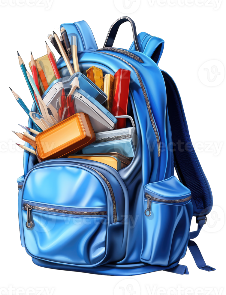 Turquoise backpack with different school stationery on transparent background, ddigital painting png