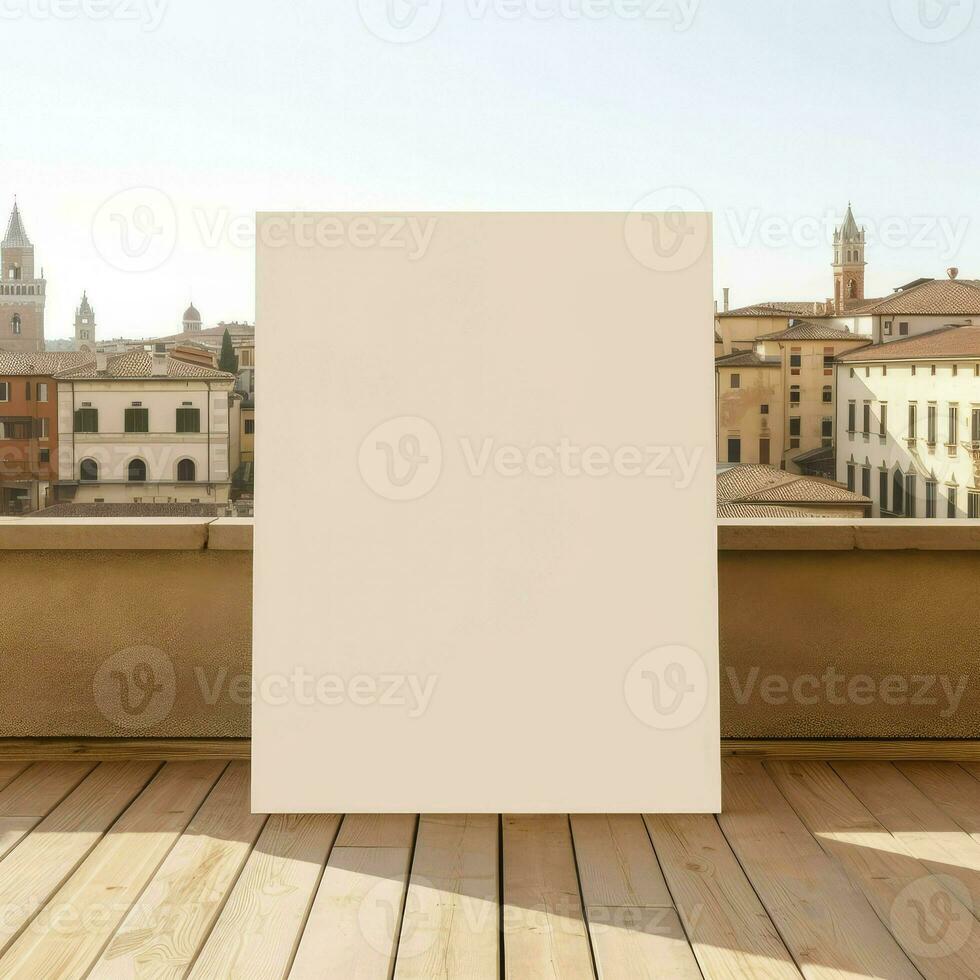 Blank white canvas frame leaning at bridge with rivercity background, Mock up template for adding your design, Generative AI photo